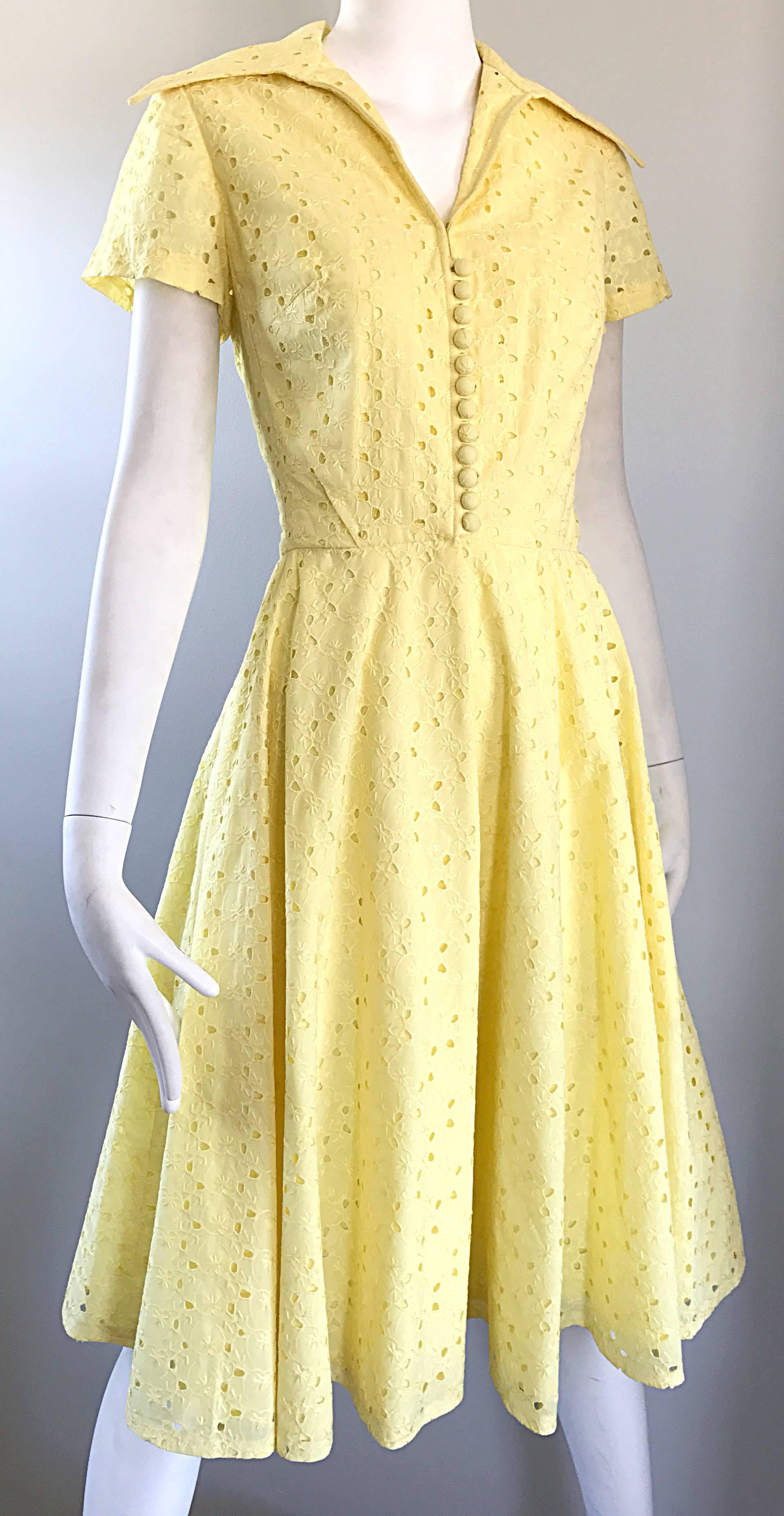 1950s Demi Couture Pale Yellow Eyelet Fit & Flare Short Sleeve Cotton 50s Dress 2