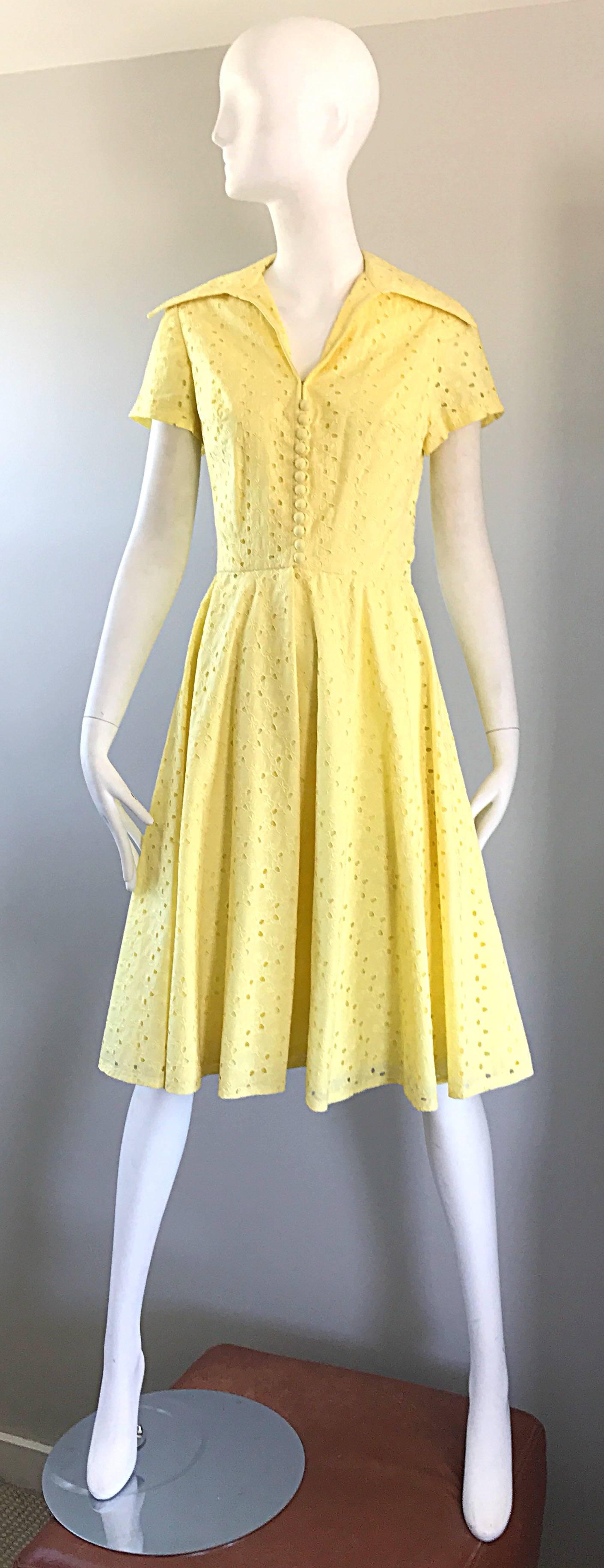 1950s Demi Couture Pale Yellow Eyelet Fit & Flare Short Sleeve Cotton 50s Dress 3