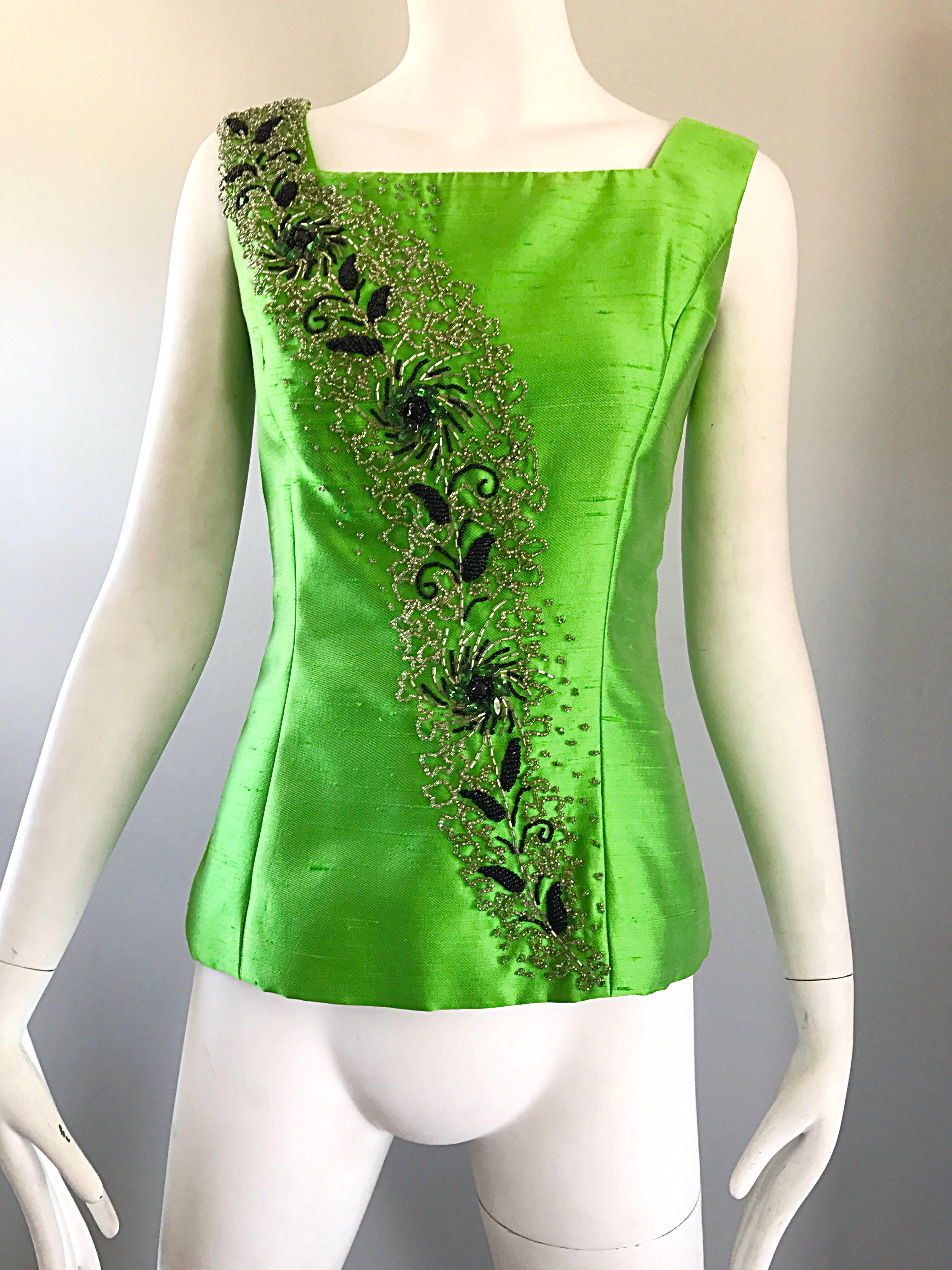 Women's Gorgeous 1950s Green Silk Shantung Beaded Crystal Couture Sleeveless Blouse Top For Sale