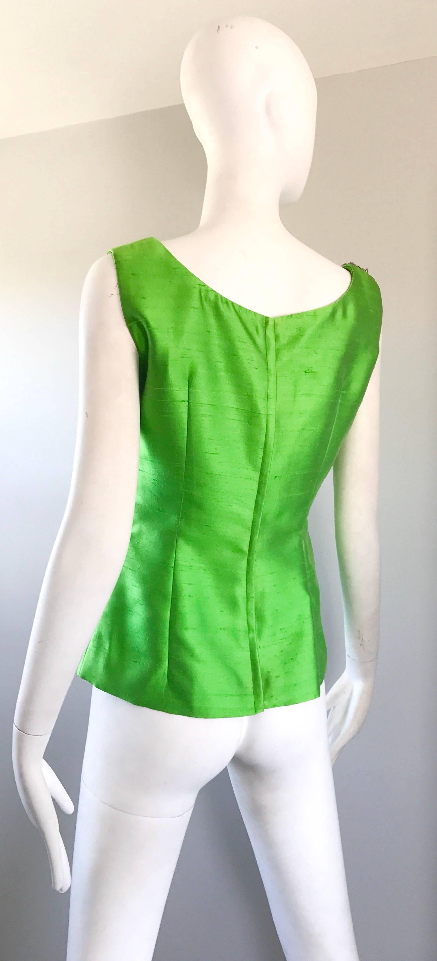 Gorgeous 1950s Green Silk Shantung Beaded Crystal Couture Sleeveless Blouse Top For Sale 1