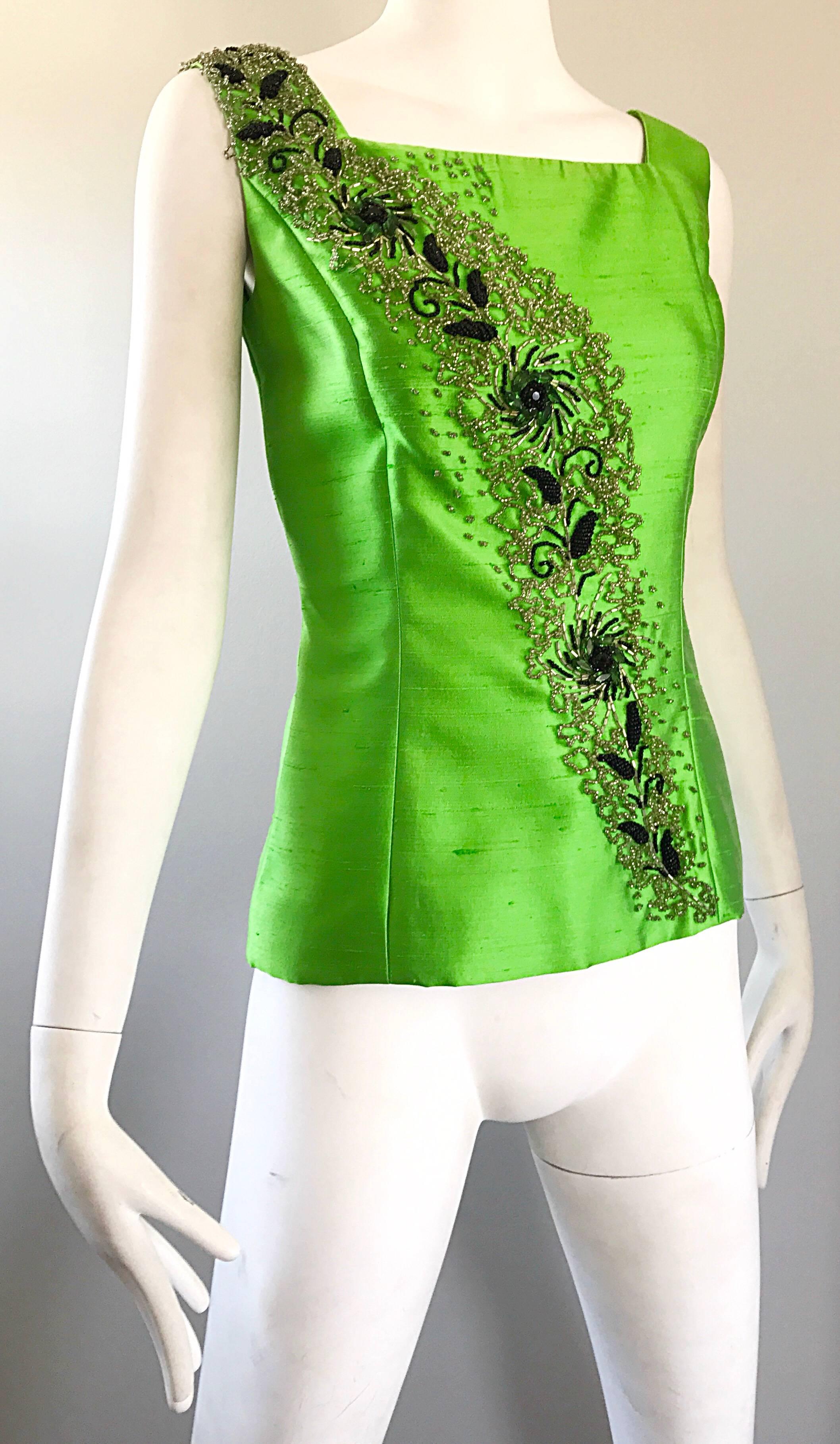 Gorgeous 1950s Green Silk Shantung Beaded Crystal Couture Sleeveless Blouse Top For Sale 2