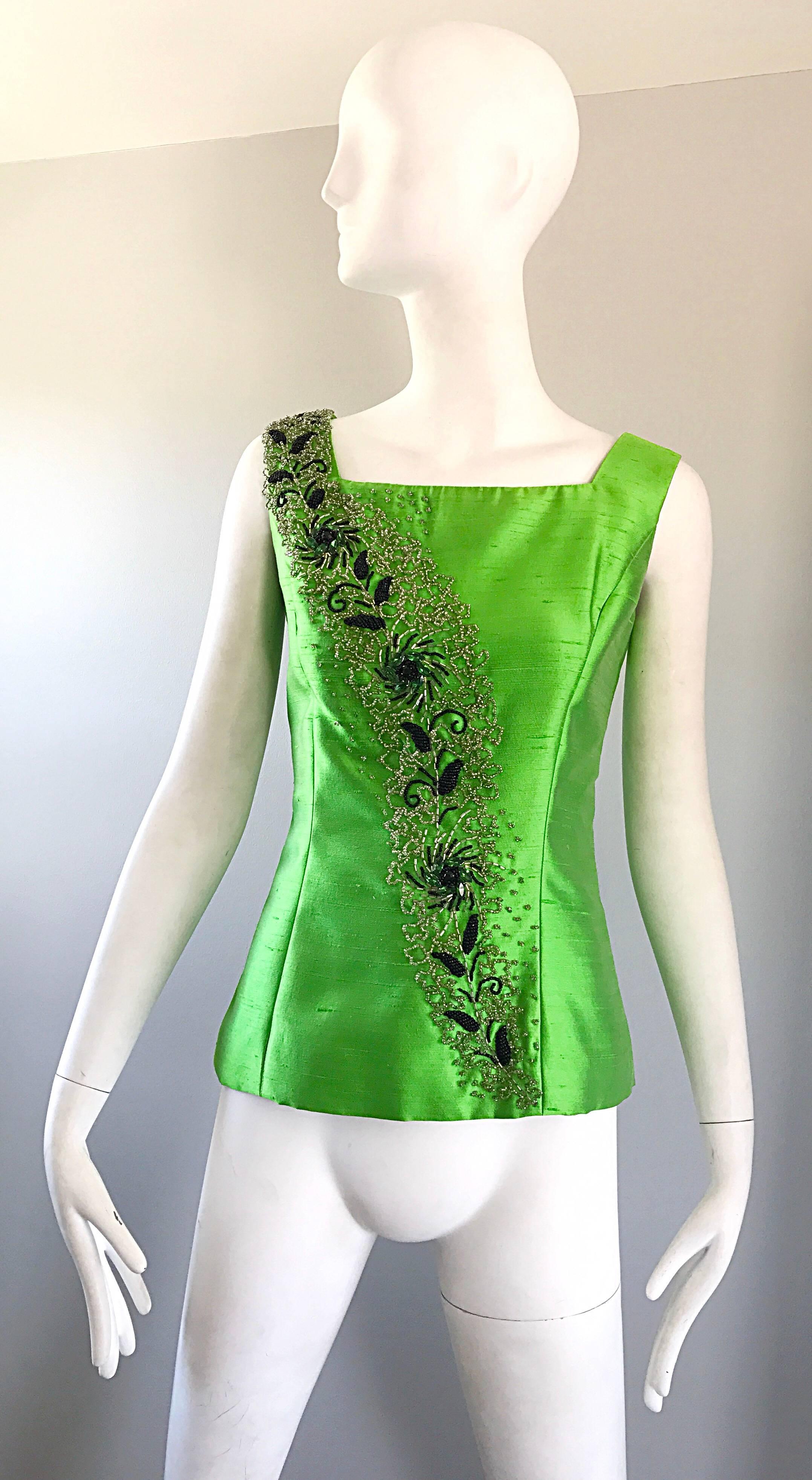 Gorgeous 1950s Green Silk Shantung Beaded Crystal Couture Sleeveless Blouse Top For Sale 3