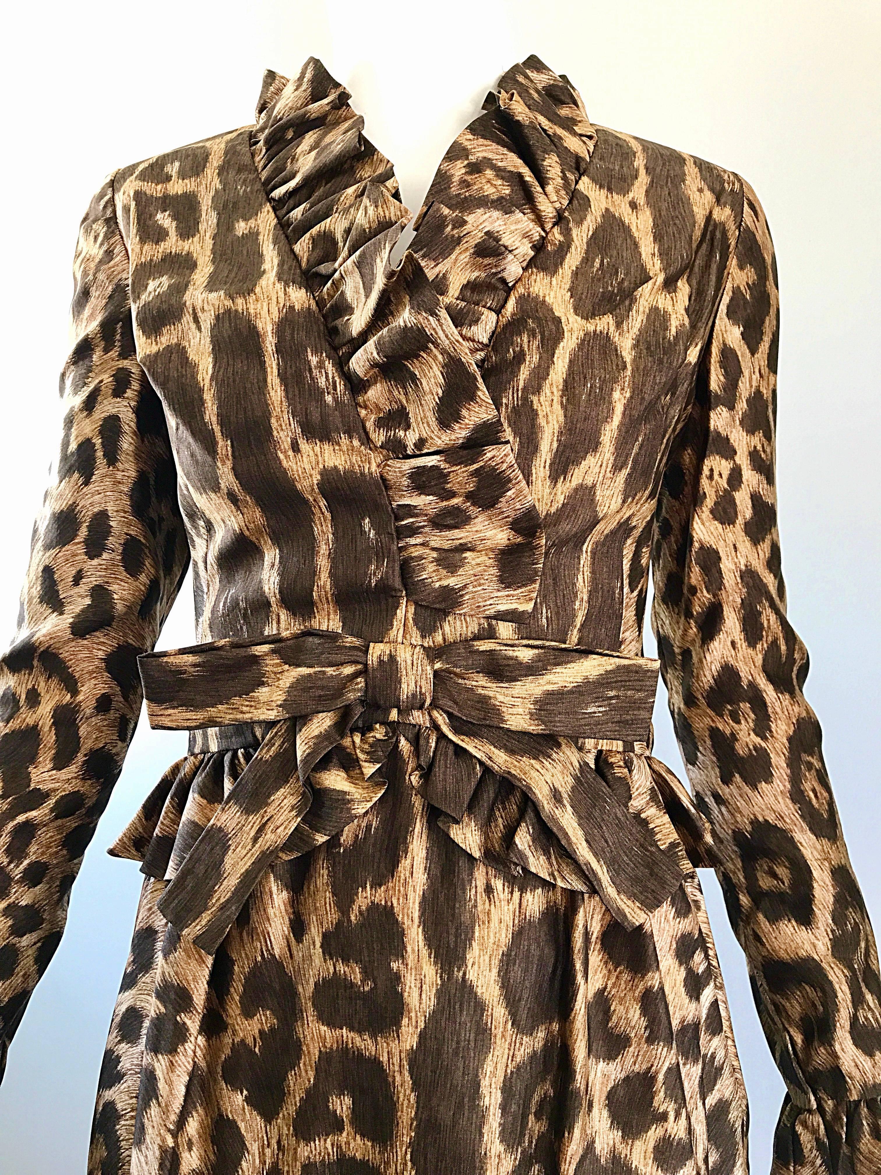 Brown Mollie Parnis 1960s Chic Leopard Cheetah Print Silk Vintage 60s A Line Dress 