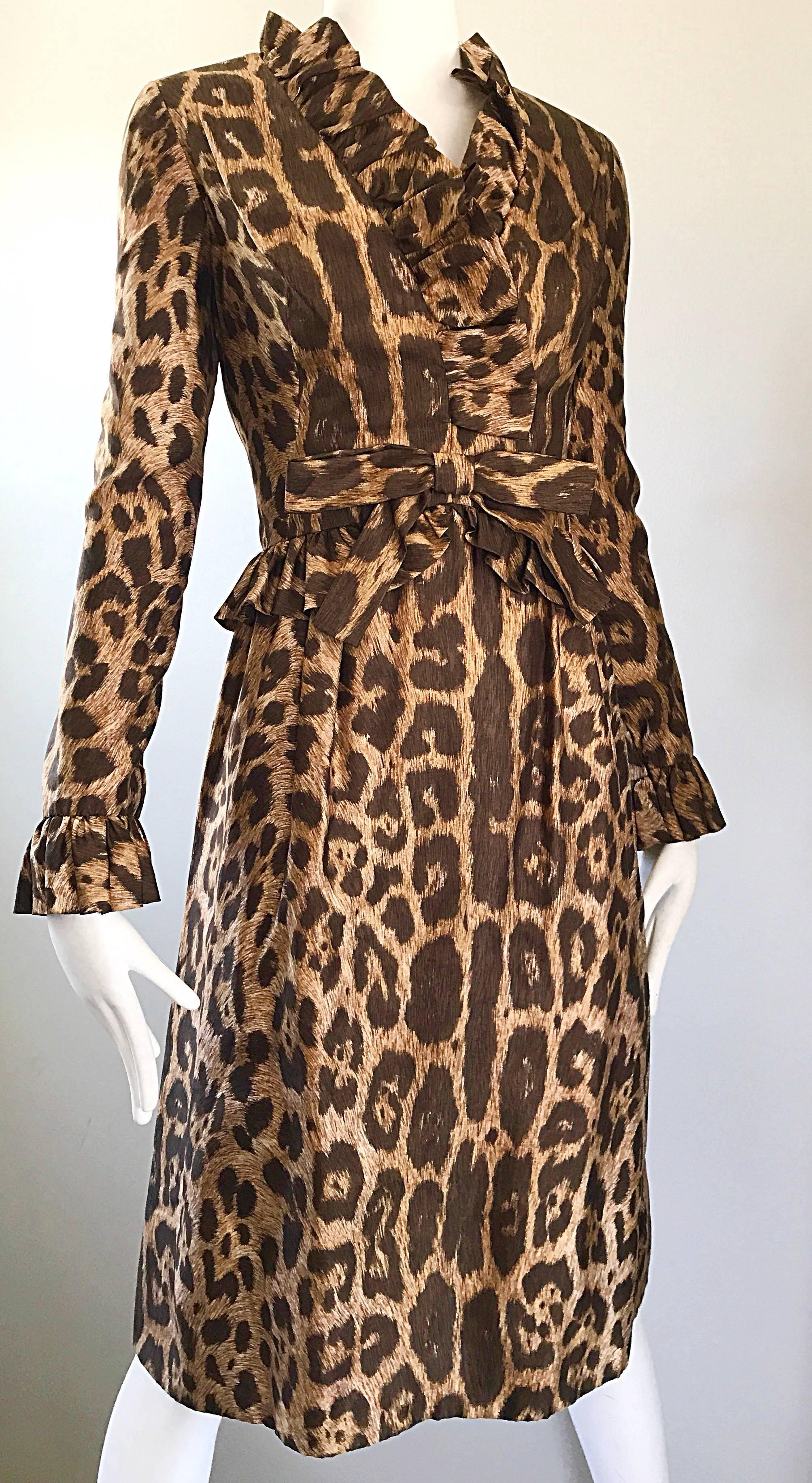 Women's Mollie Parnis 1960s Chic Leopard Cheetah Print Silk Vintage 60s A Line Dress 
