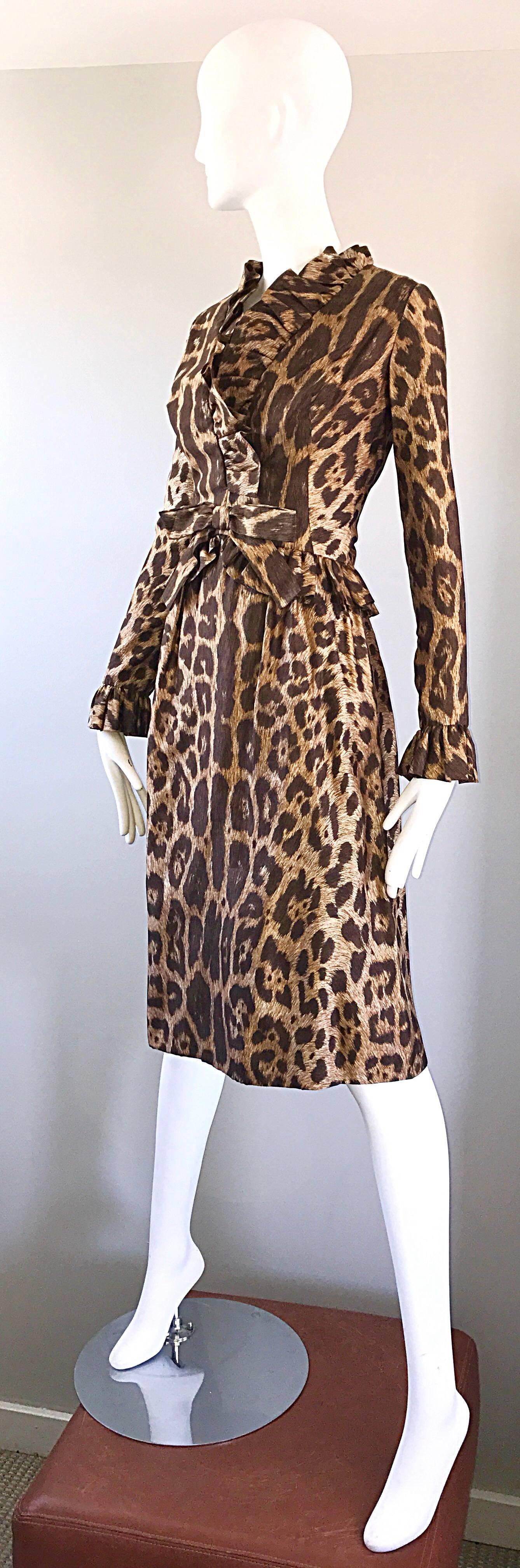 Mollie Parnis 1960s Chic Leopard Cheetah Print Silk Vintage 60s A Line Dress  1