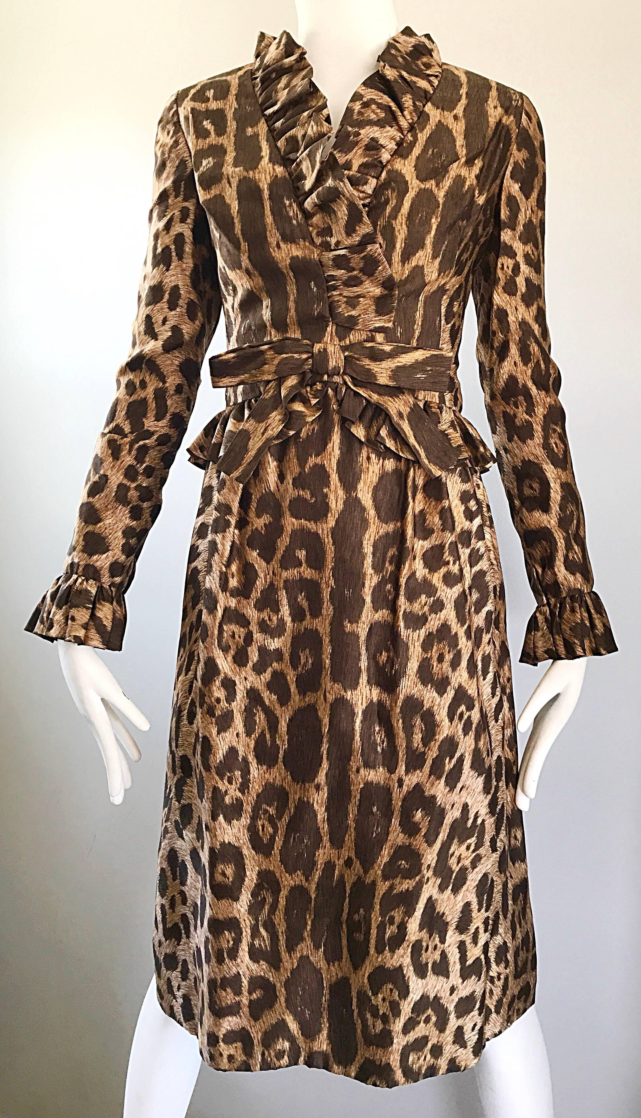 Mollie Parnis 1960s Chic Leopard Cheetah Print Silk Vintage 60s A Line Dress  2