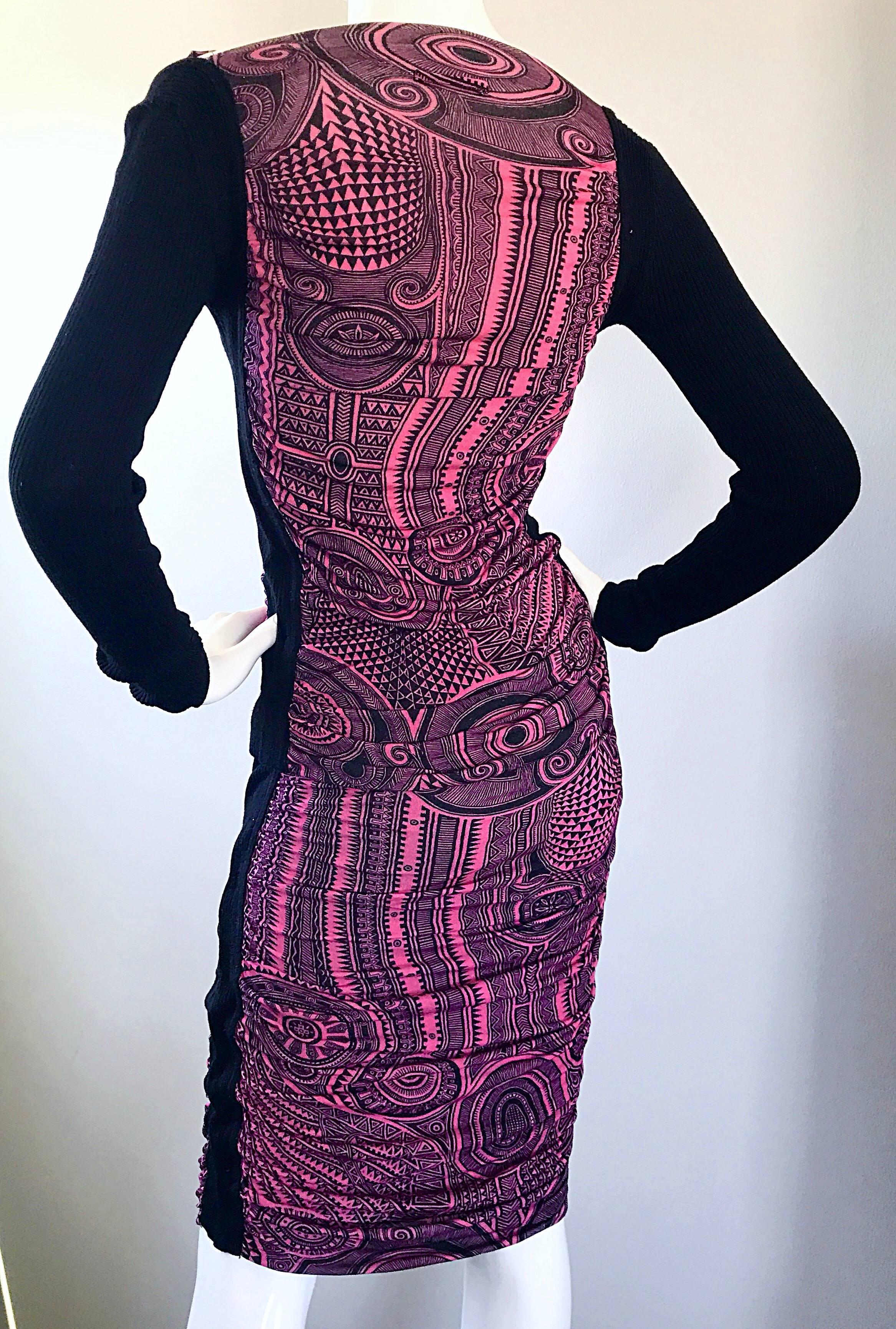 Purple Jean Paul Gaultier Vintage 1990s Pink + Black Aztec Top & Skirt Dress Ensemble For Sale