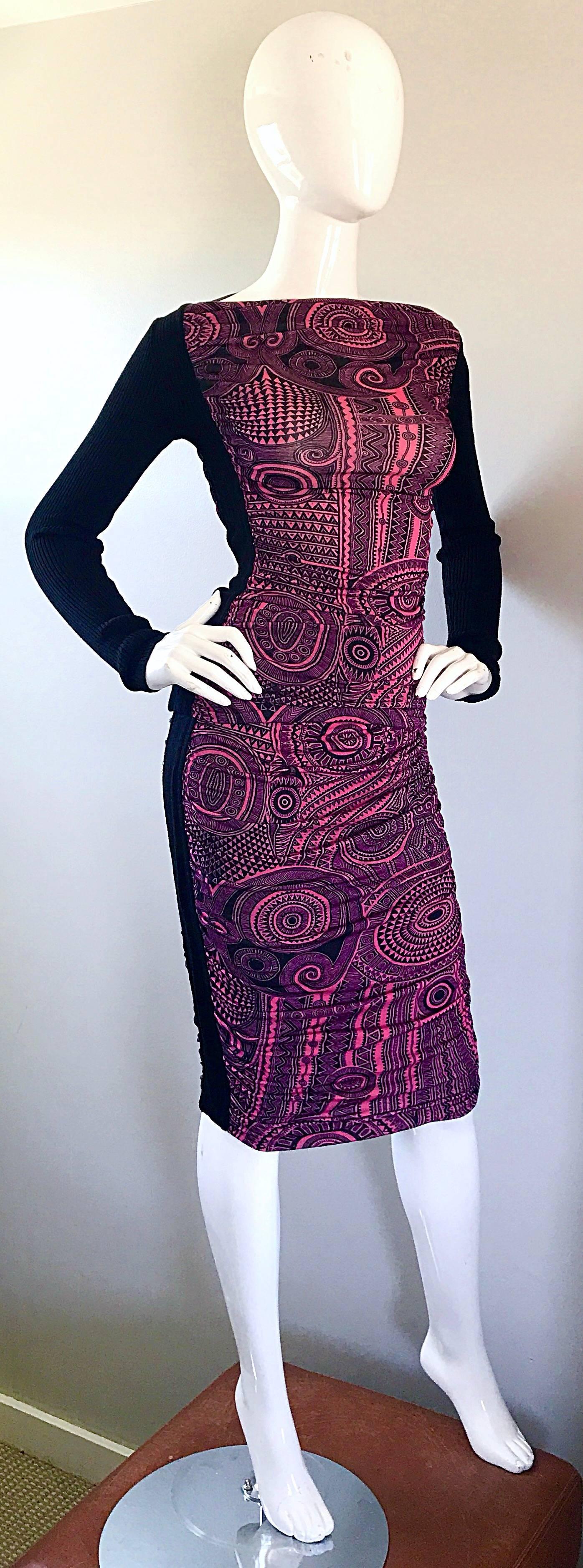 Jean Paul Gaultier Vintage 1990s Pink + Black Aztec Top & Skirt Dress Ensemble In Excellent Condition For Sale In San Diego, CA