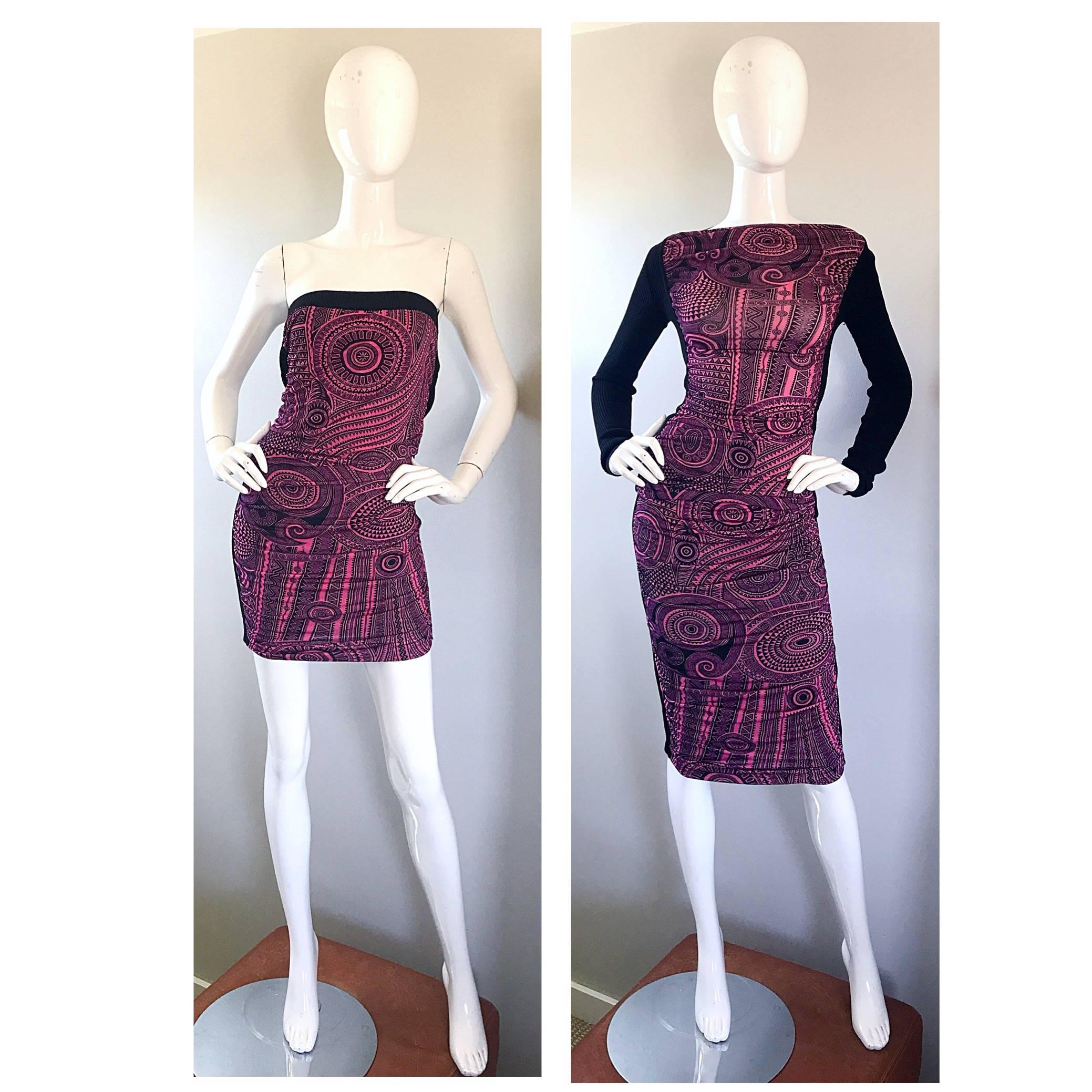 Jean Paul Gaultier Vintage 1990s Pink + Black Aztec Top & Skirt Dress Ensemble For Sale 1