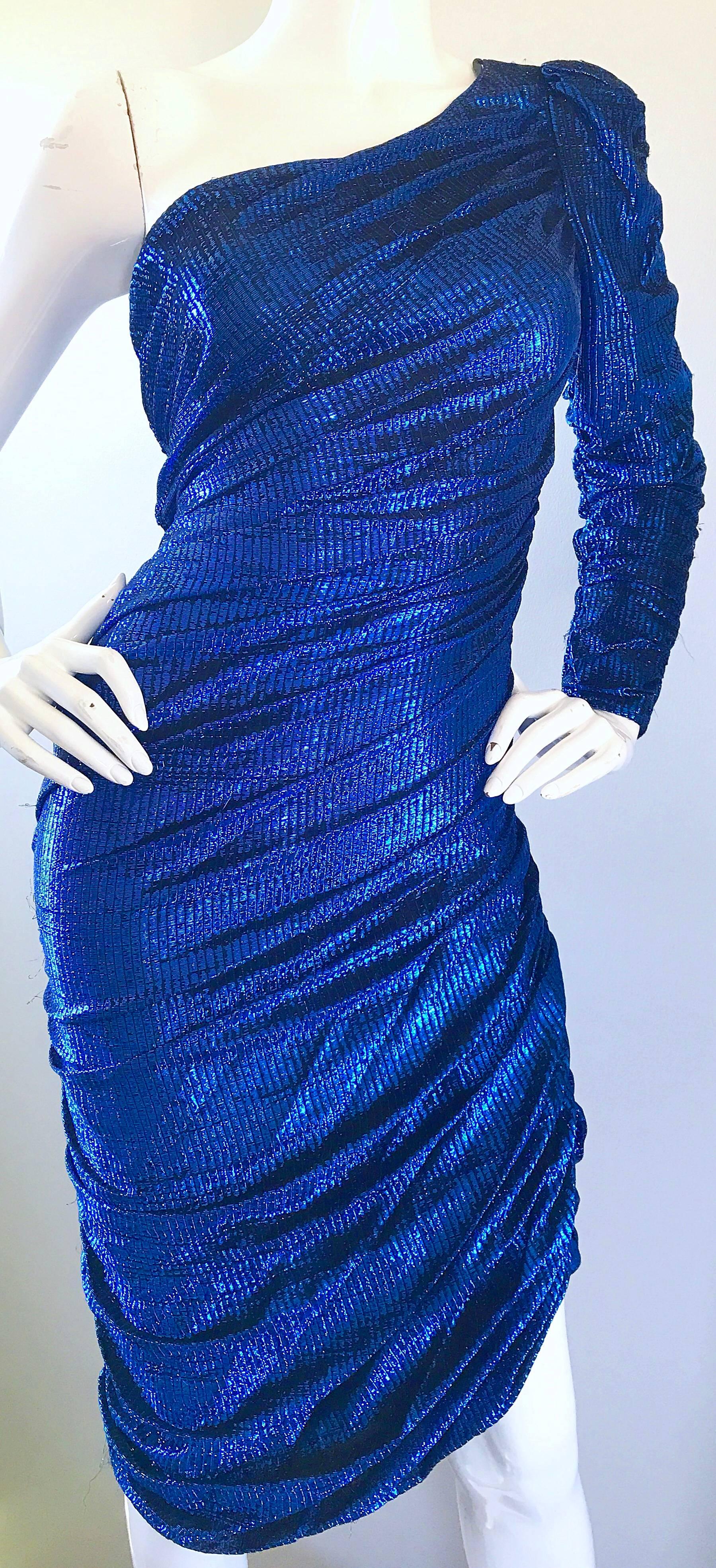 blue metallic dress one shoulder