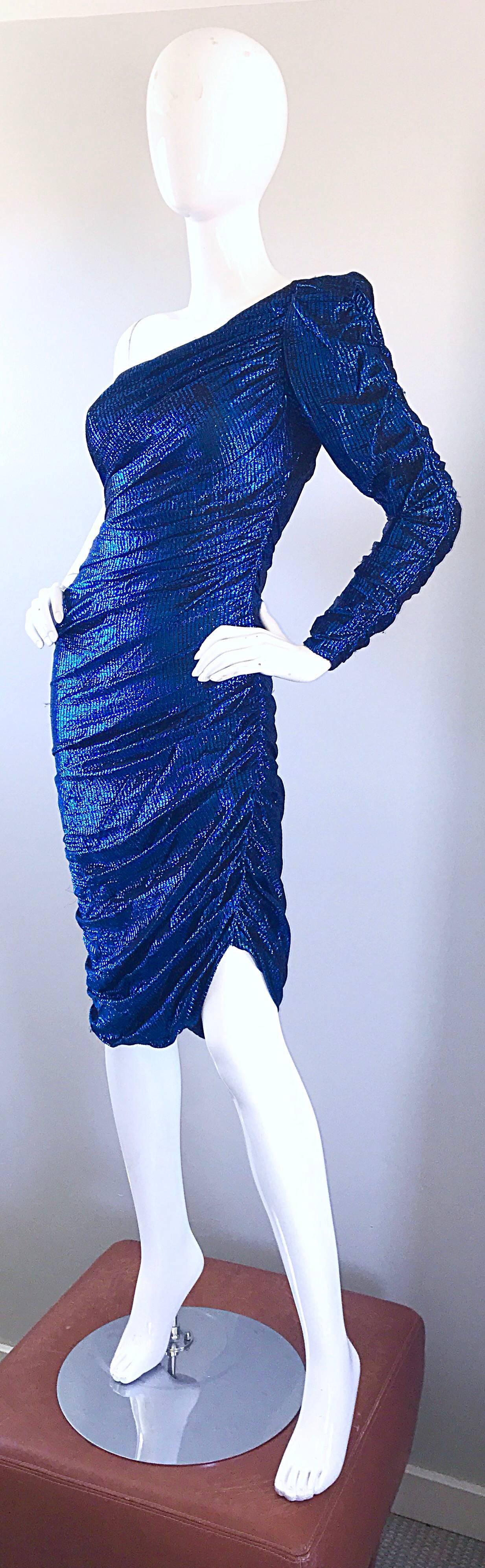 Samir 1970s Electric Metallic Blue One Shoulder Sexy Vintage 70s Disco Dress In Excellent Condition In San Diego, CA