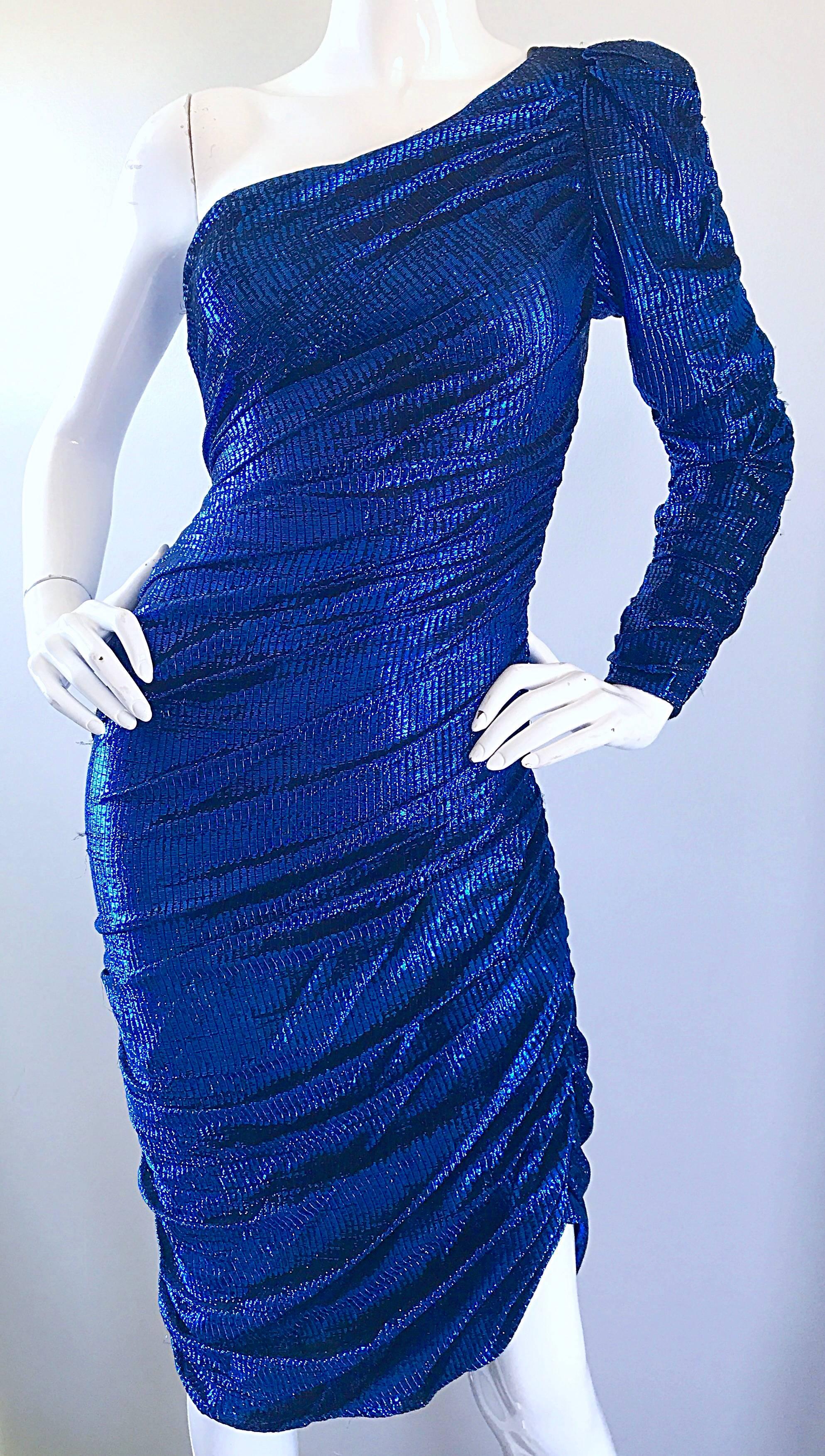 Women's Samir 1970s Electric Metallic Blue One Shoulder Sexy Vintage 70s Disco Dress