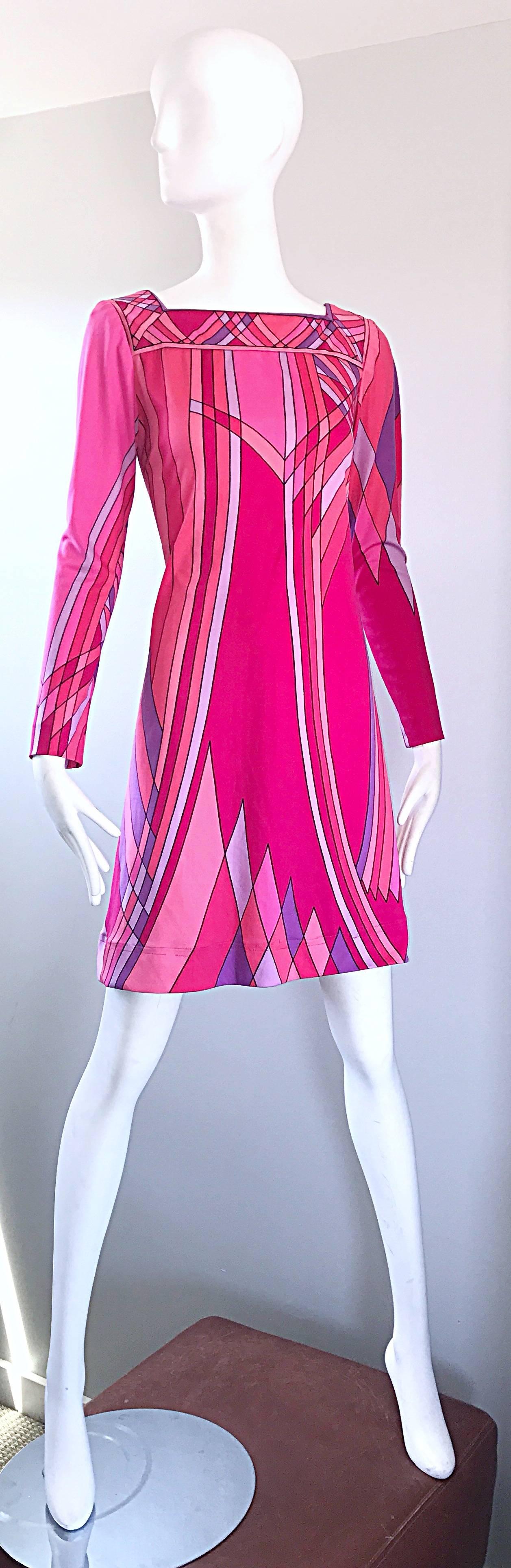 Women's 1960s Nat Caplan Couture Hot Pink + Purple Geometric Mosaic A Line Shift Dress