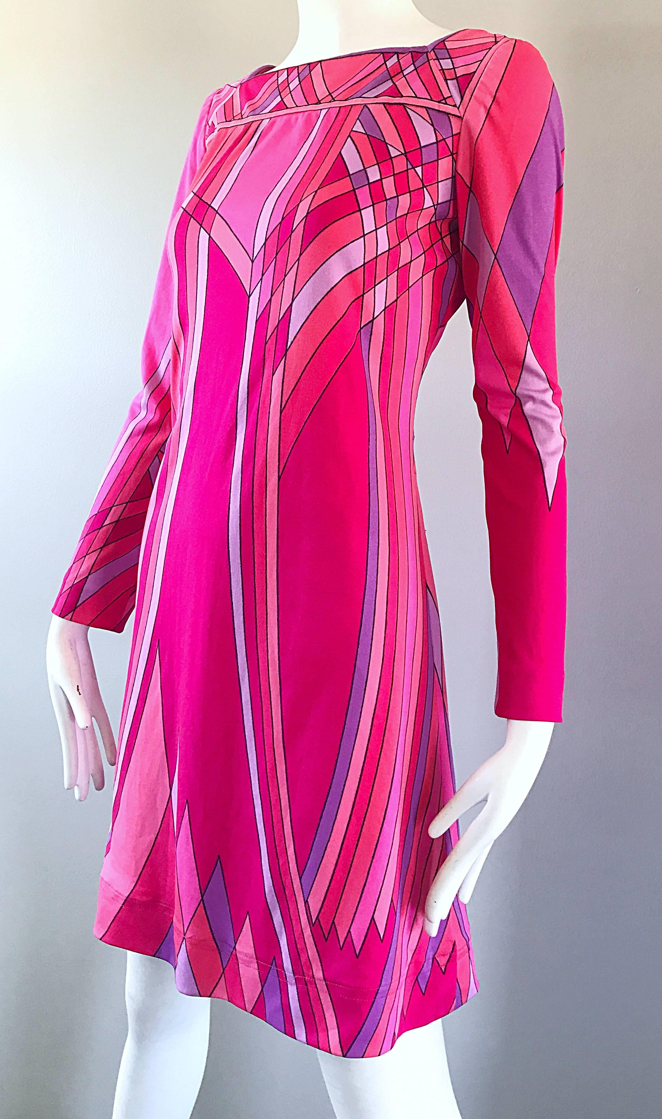1960s Nat Caplan Couture Hot Pink + Purple Geometric Mosaic A Line Shift Dress 1