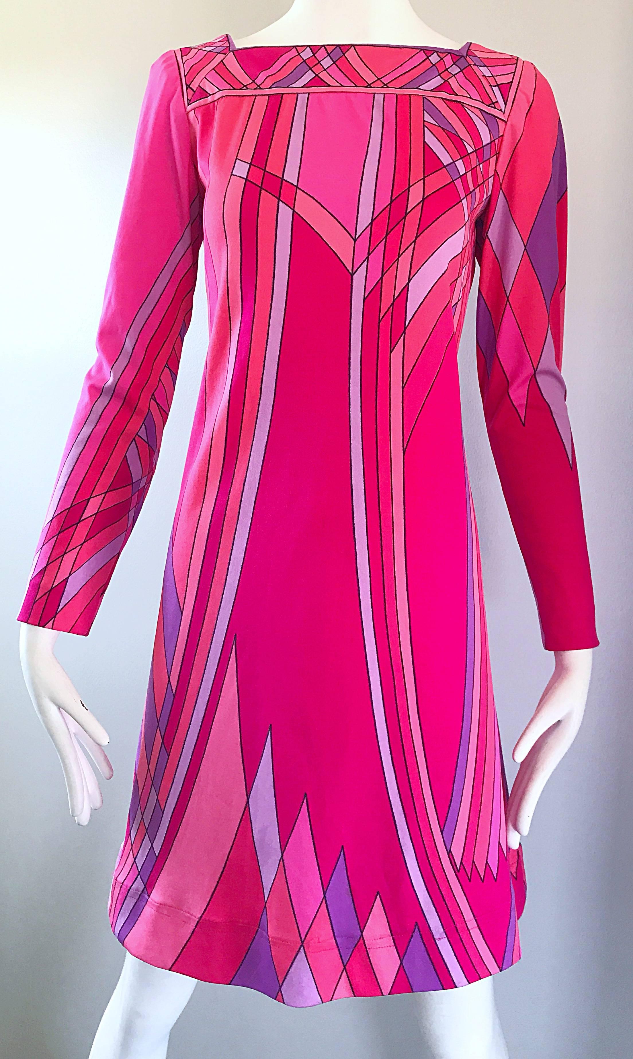 1960s Nat Caplan Couture Hot Pink + Purple Geometric Mosaic A Line Shift Dress 3