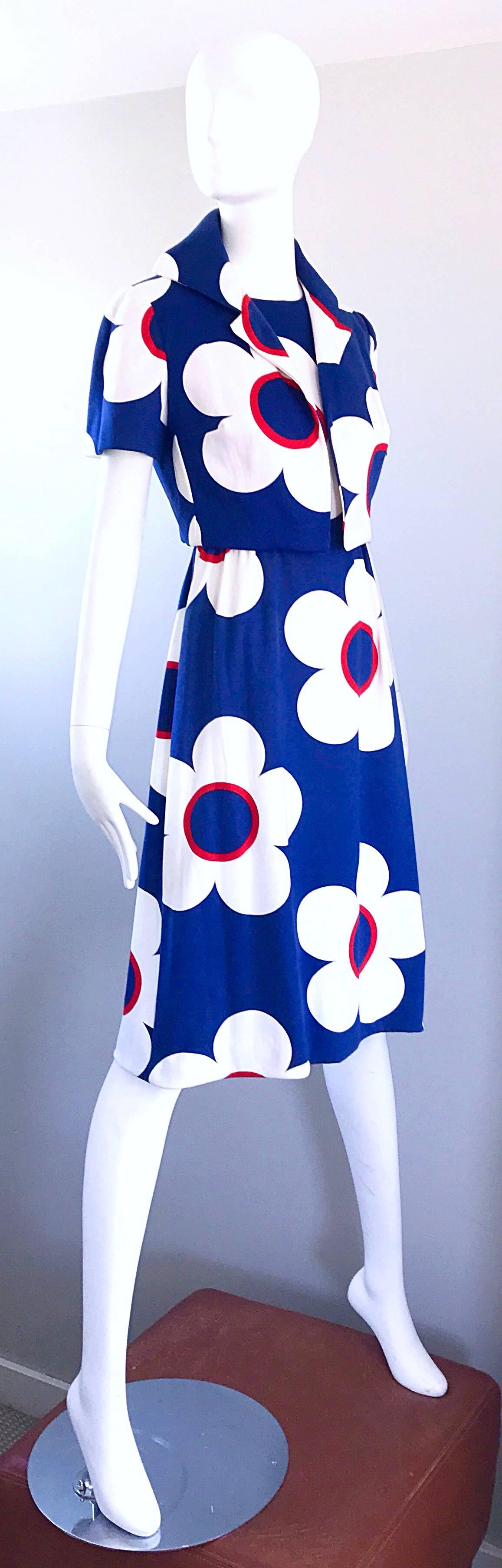 Gray Phenomenal 1960s Navy Blue + Red + White A - Line Dress & Cropped Bolero Jacket For Sale
