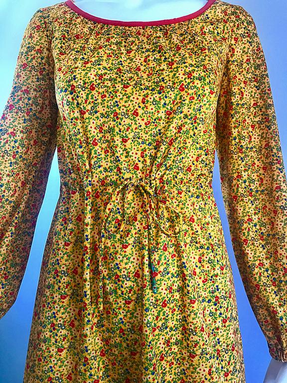 Medium 1970s Black Dress Yellow Floral Embroidery Long Sleeve Tie Waist Knit