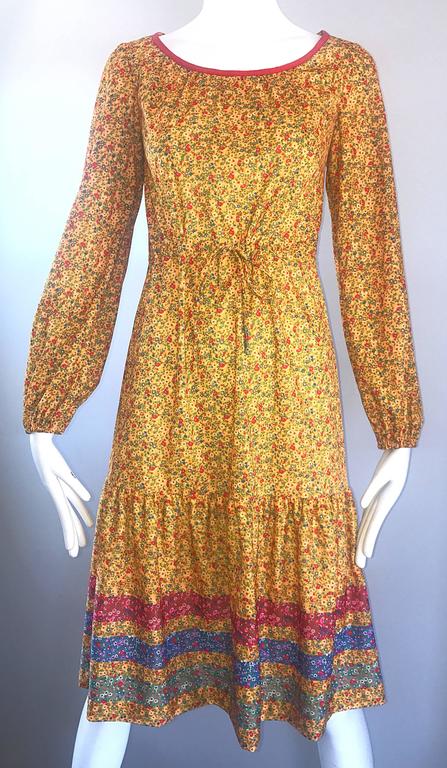 1970s Yellow Vintage Flower Print Striped Long Sleeve 70s Boho Prairie Dress