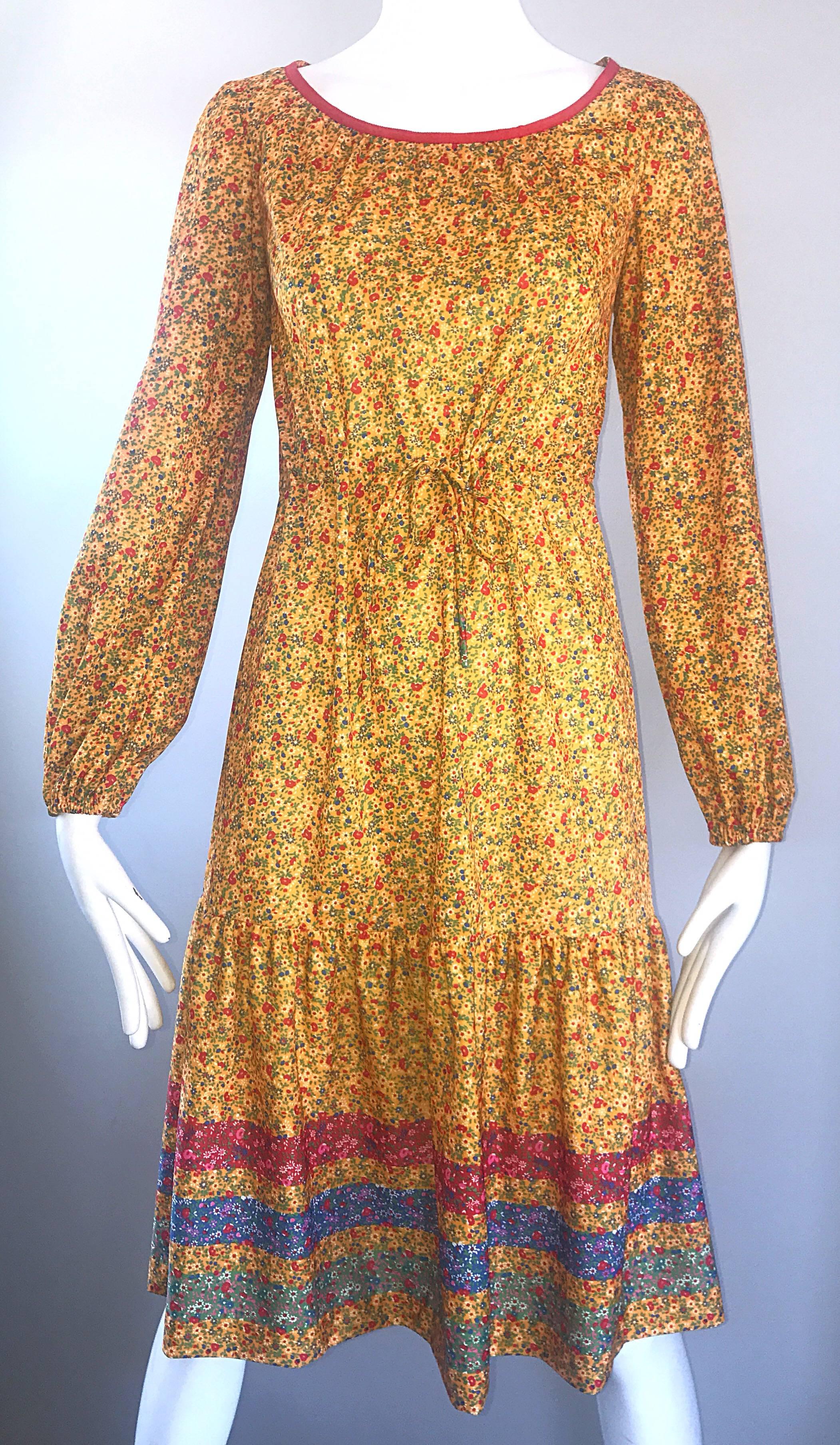 1970s Yellow Vintage Flower Print Striped Long Sleeve 70s Boho Prairie Dress In Excellent Condition For Sale In San Diego, CA
