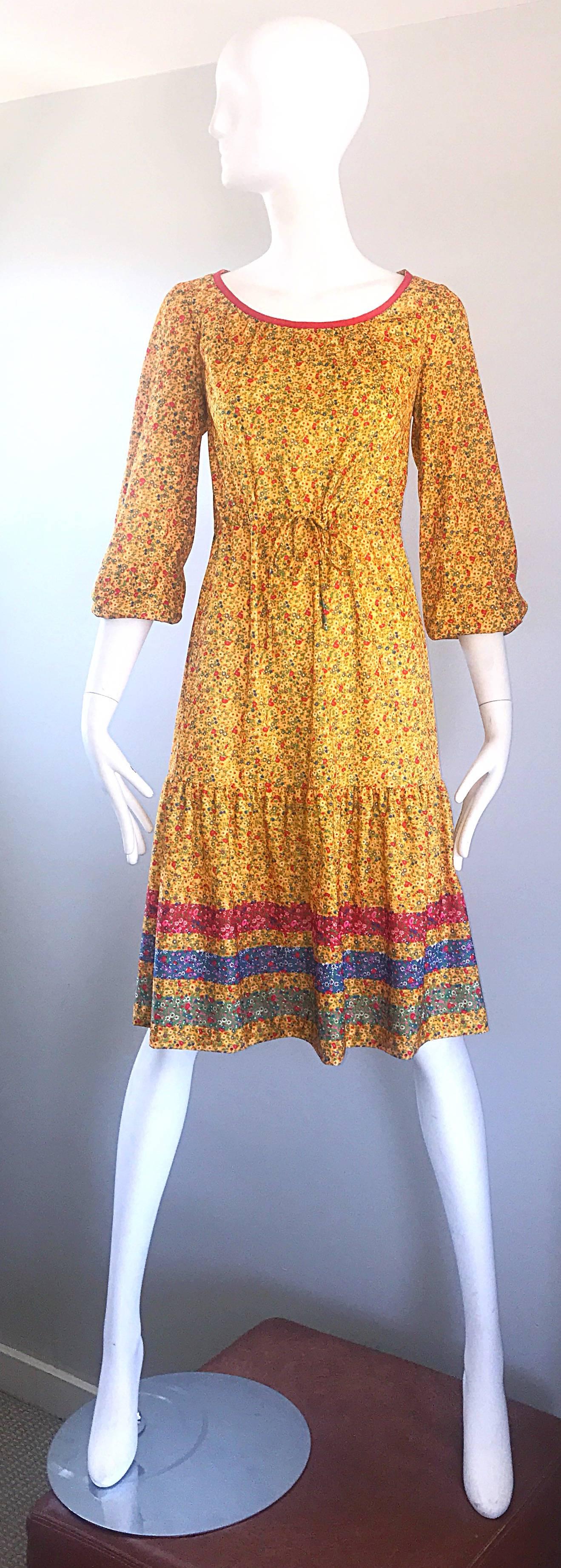 Women's 1970s Yellow Vintage Flower Print Striped Long Sleeve 70s Boho Prairie Dress For Sale