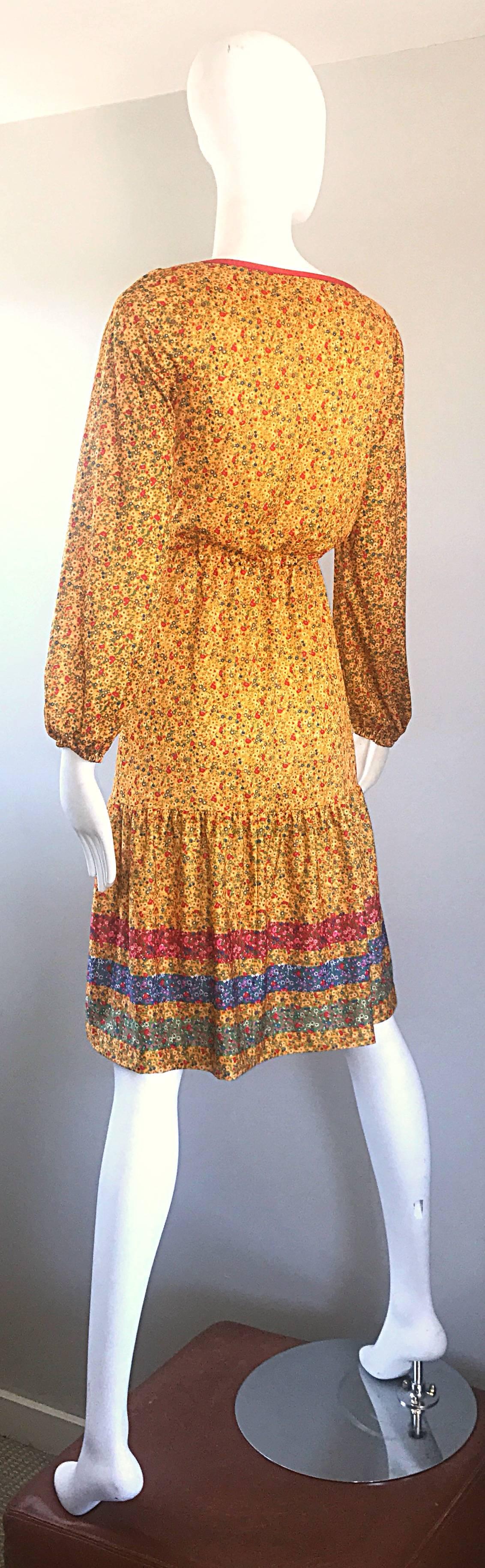 1970s Yellow Vintage Flower Print Striped Long Sleeve 70s Boho Prairie Dress For Sale 1