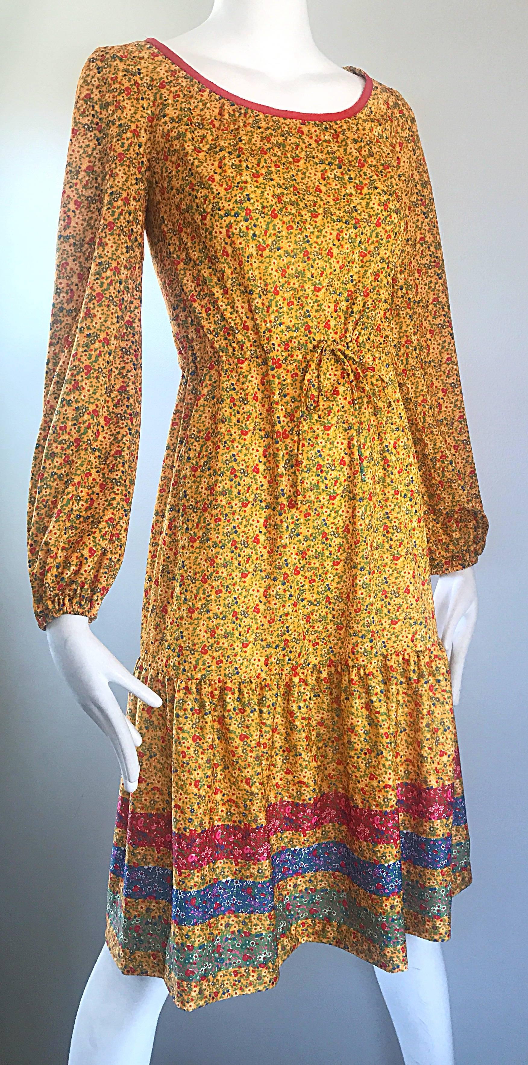 1970s Yellow Vintage Flower Print Striped Long Sleeve 70s Boho Prairie Dress For Sale 2