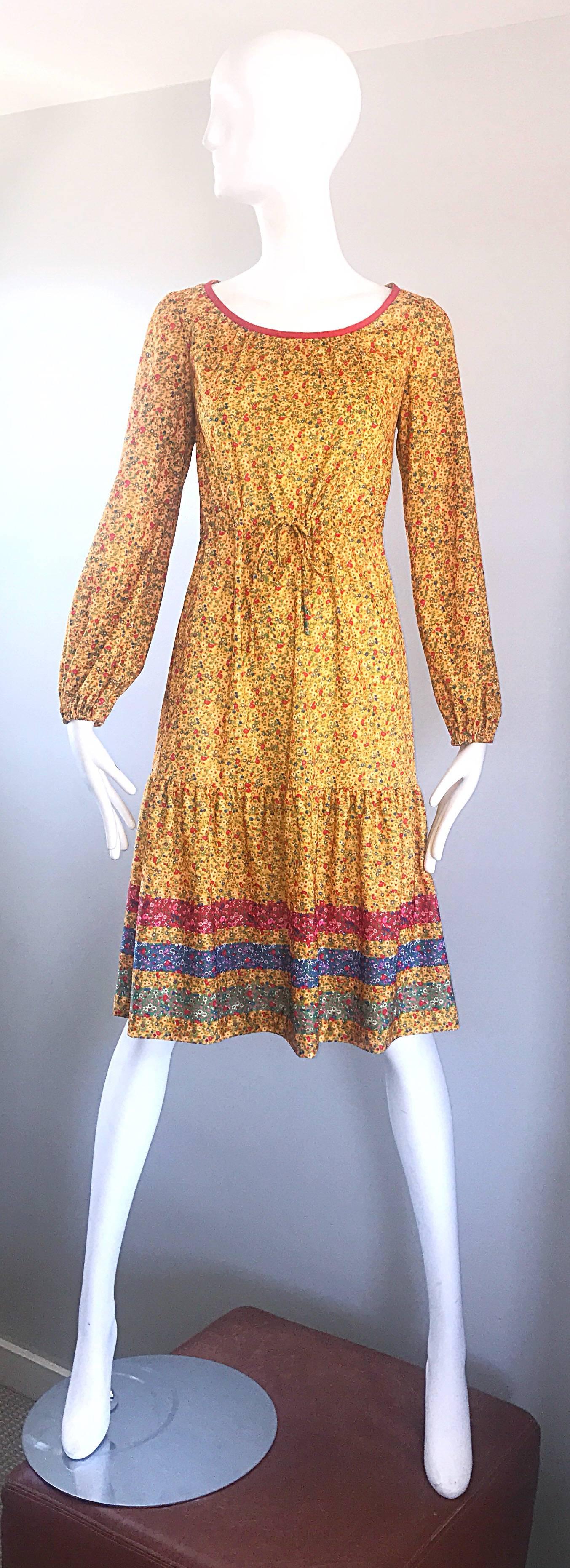 1970s Yellow Vintage Flower Print Striped Long Sleeve 70s Boho Prairie Dress For Sale 3