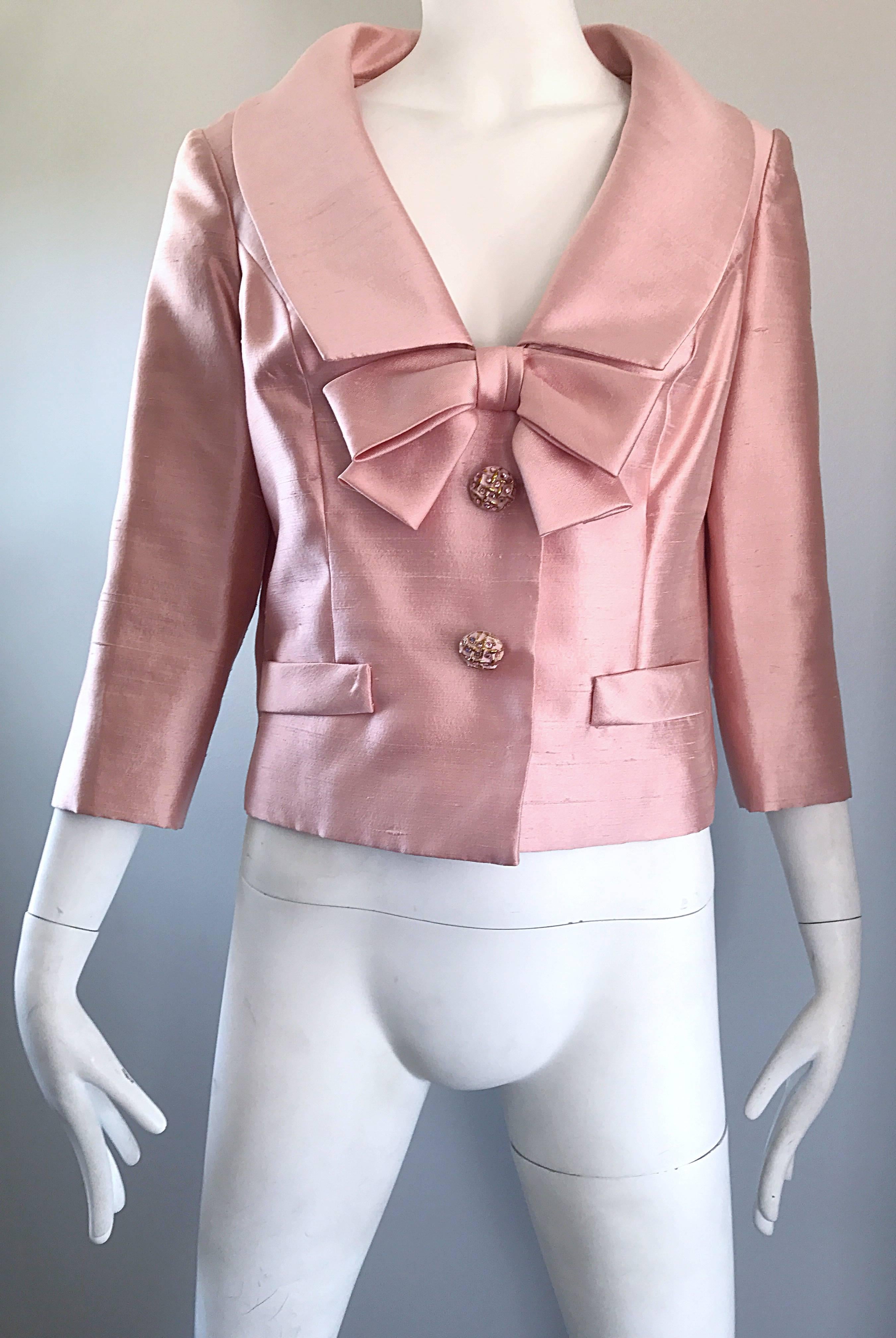 Gorgeous 1960s Demi Couture Pale Pink Silk Shantung Dress and Jacket Ensemble  In Excellent Condition For Sale In San Diego, CA