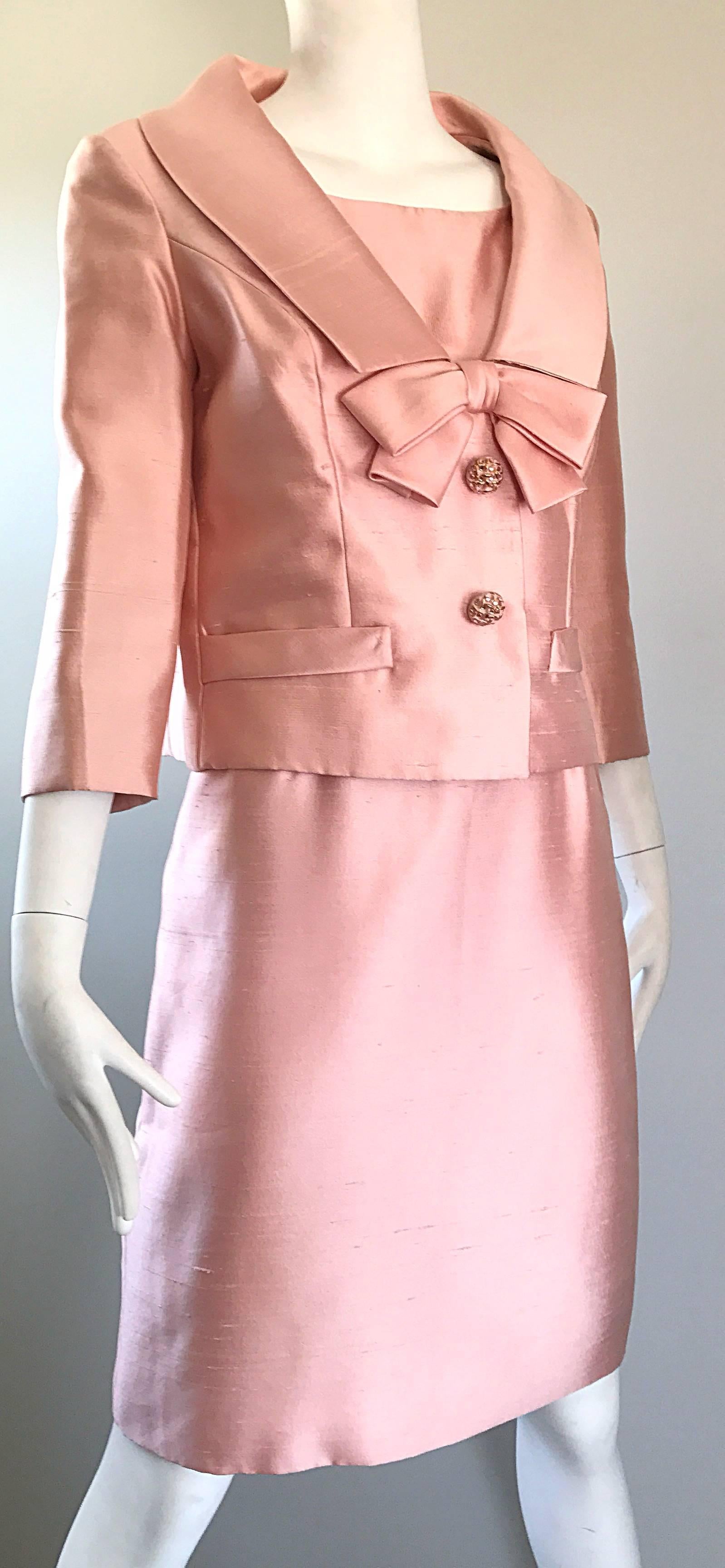 Gorgeous 1960s Demi Couture Pale Pink Silk Shantung Dress and Jacket Ensemble  For Sale 1