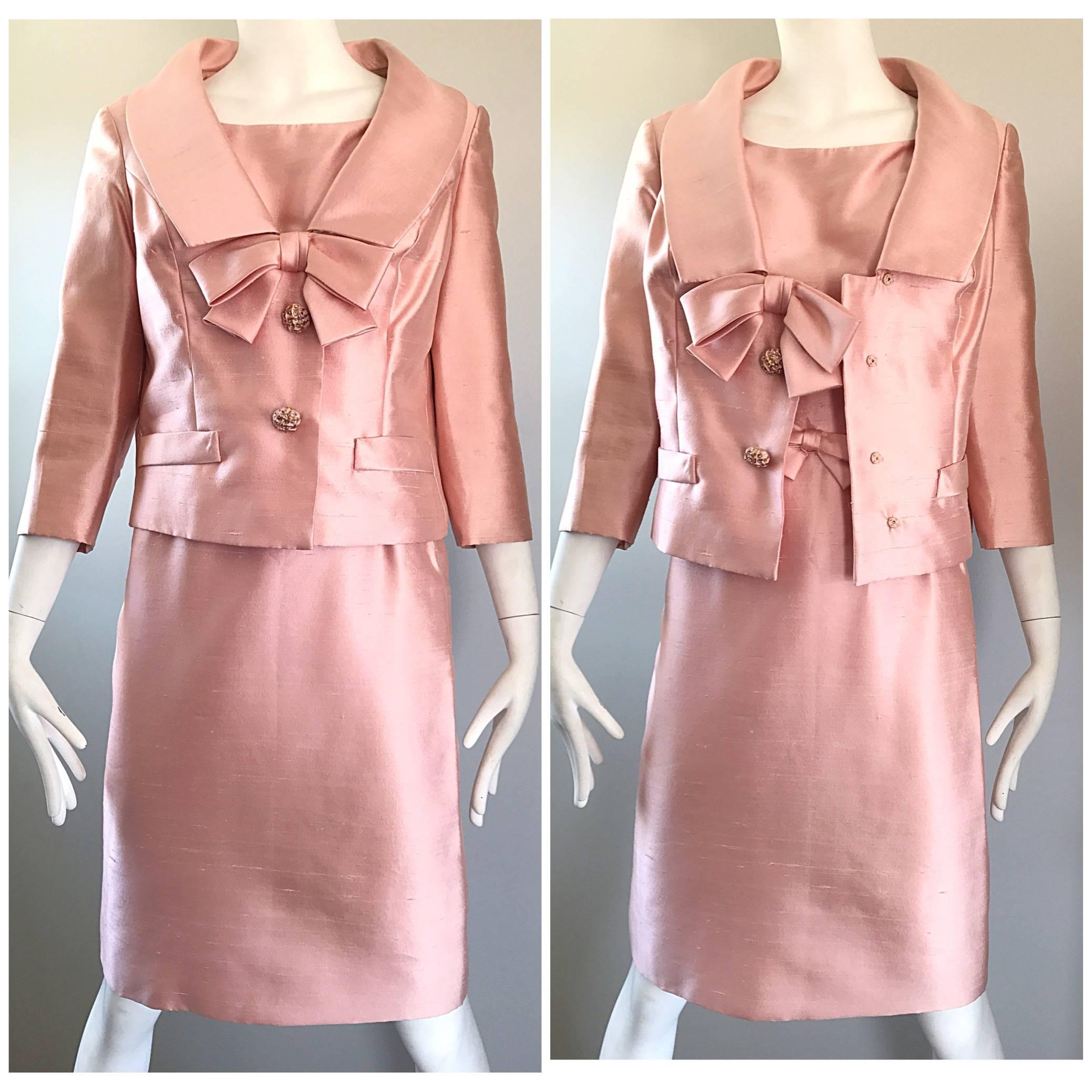 Gorgeous 1960s Demi Couture Pale Pink Silk Shantung Dress and Jacket Ensemble For Sale 2