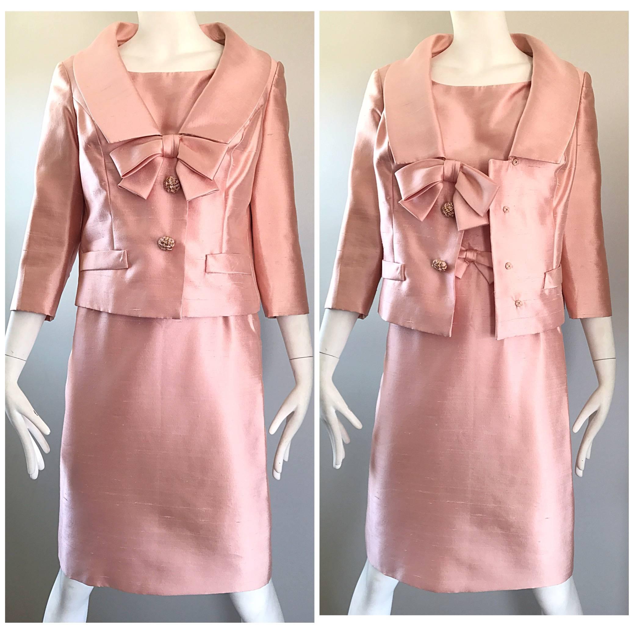 Gorgeous 1960s Demi Couture Pale Pink Silk Shantung Dress and Jacket Ensemble  For Sale 2