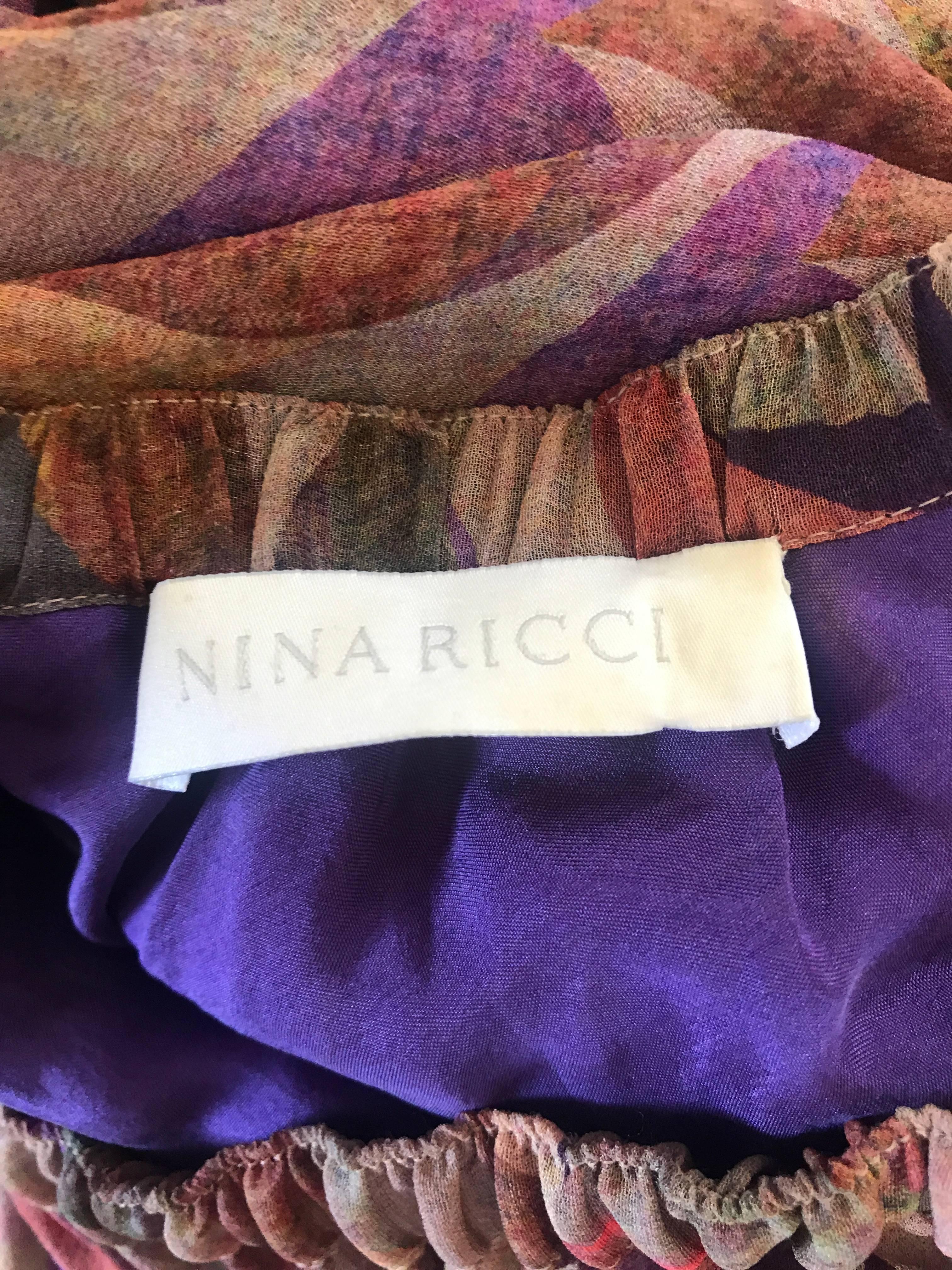 New Nina Ricci Silk Off Shoulder Colorful Mosaic Print Long Sleeve Boho Dress For Sale 2