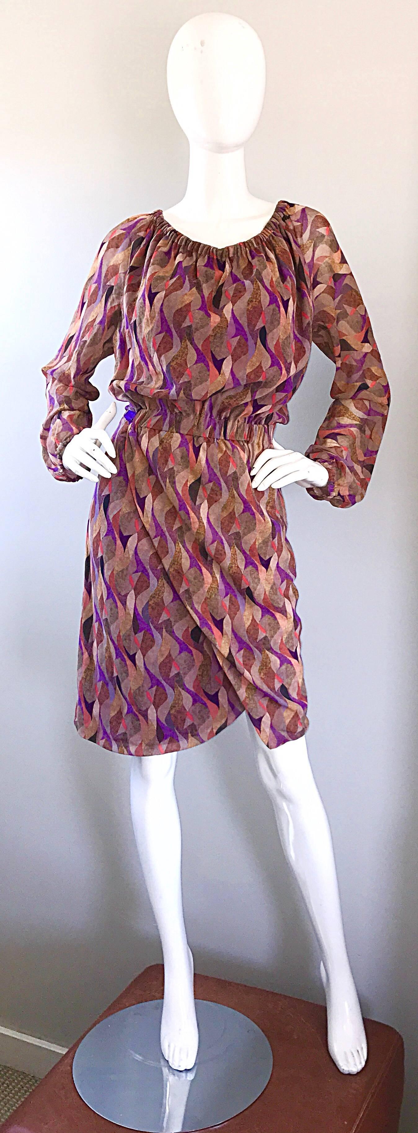 Pink New Nina Ricci Silk Off Shoulder Colorful Mosaic Print Long Sleeve Boho Dress For Sale