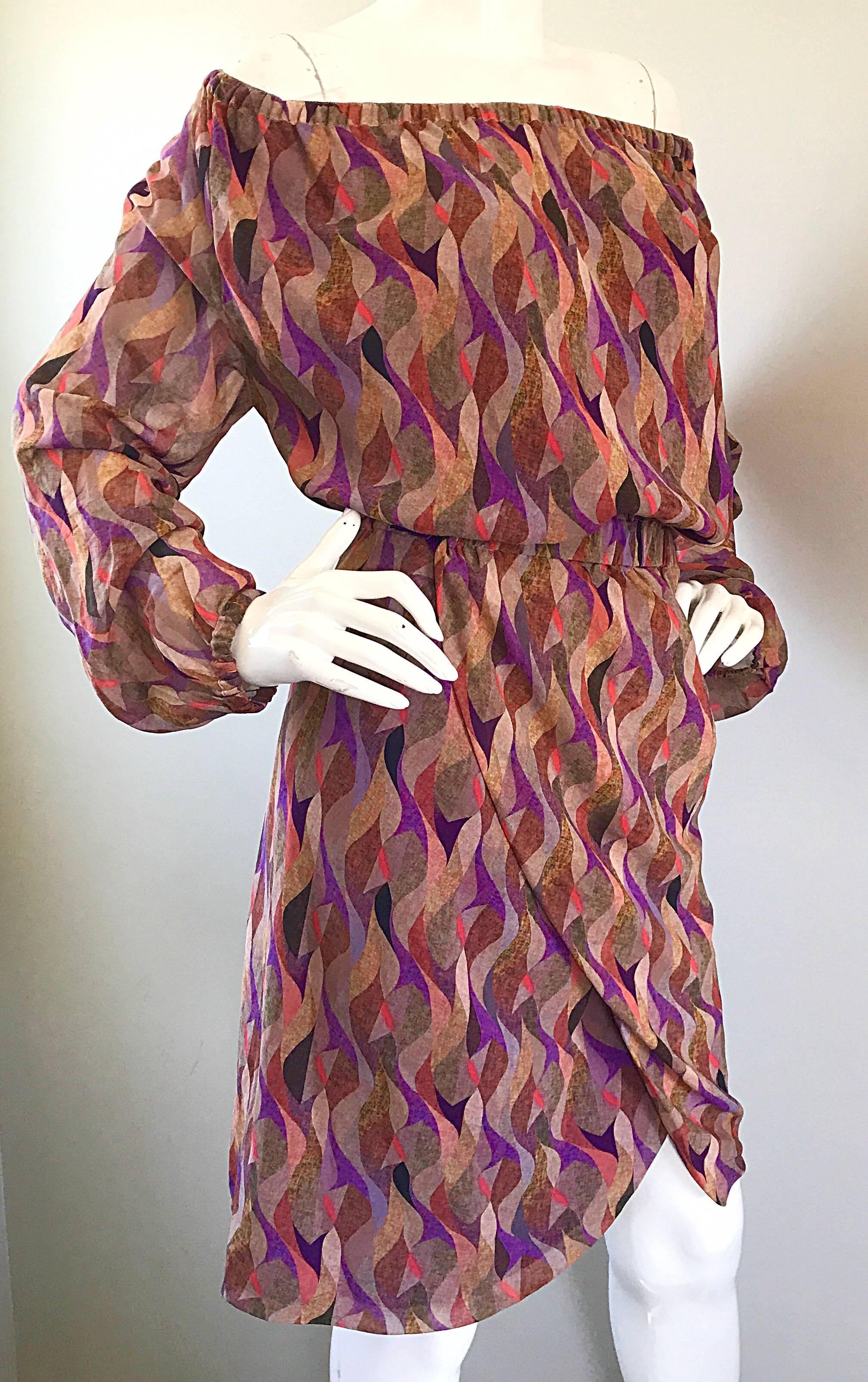 New Nina Ricci Silk Off Shoulder Colorful Mosaic Print Long Sleeve Boho Dress In Excellent Condition For Sale In San Diego, CA