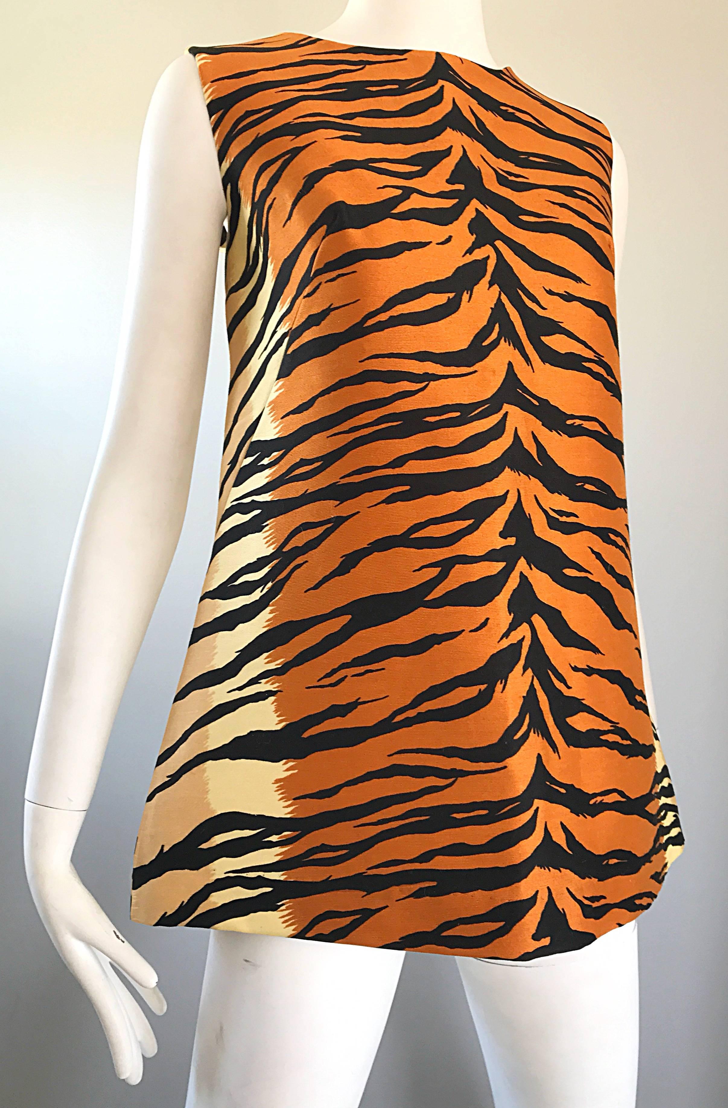 Chic vintage 1960s LADY HATHAWAY for LORD & TAYLOR tiger print sleeveless A line tunic top! Soft silk and cotton blend holds shape nicely. Warm tones of brown, terracotta, sand, ivory and black. Full metal zipper up the back with hook-and-eye