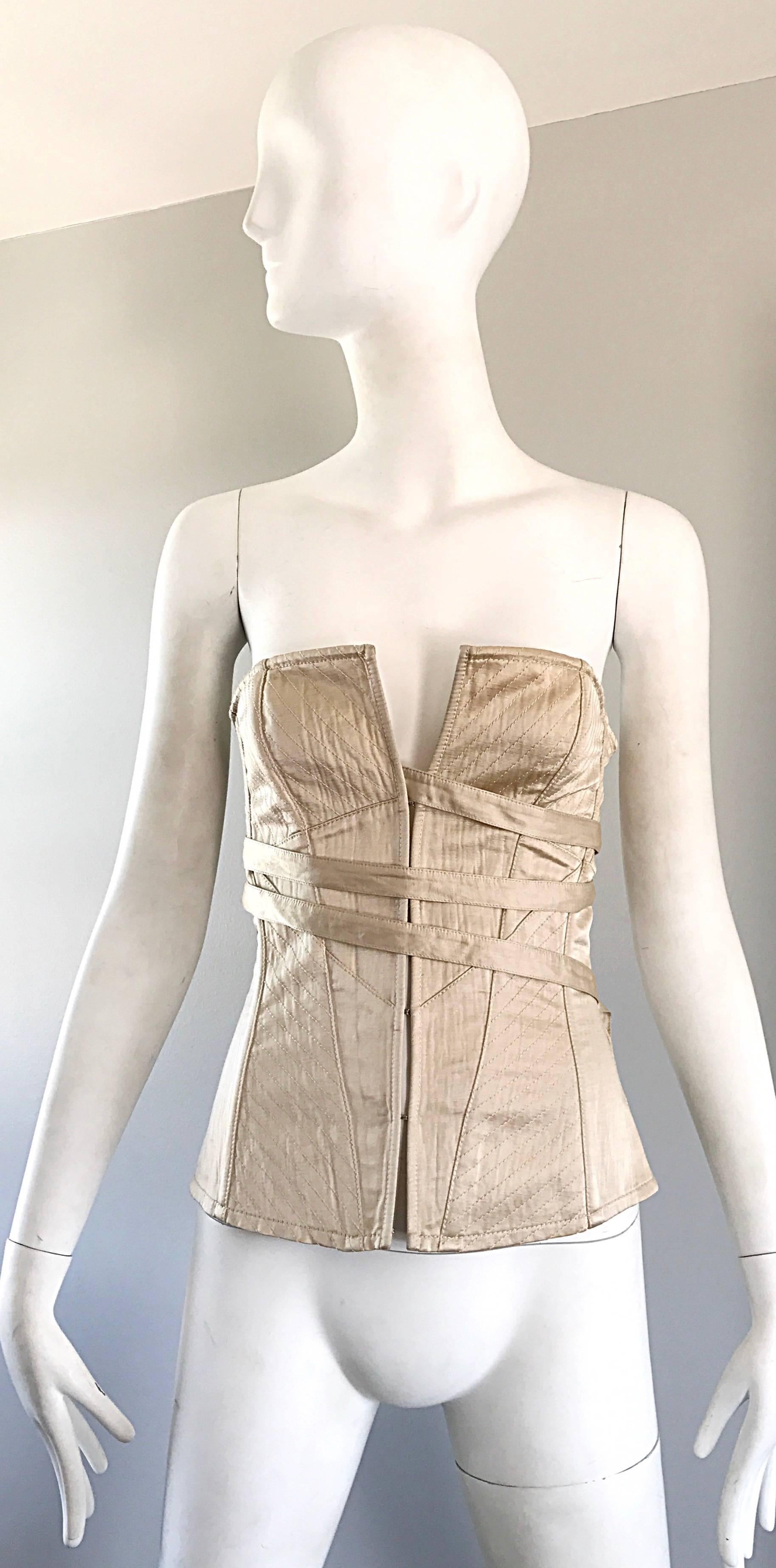 Brand new with tags late 1990s LA PERLA champagne / khaki silk bustier/corset top! Features an attached ribbon that laces through slots on each side. Interior boning keeps everything in place. Hook-and-eye closures up the front. Can easily be