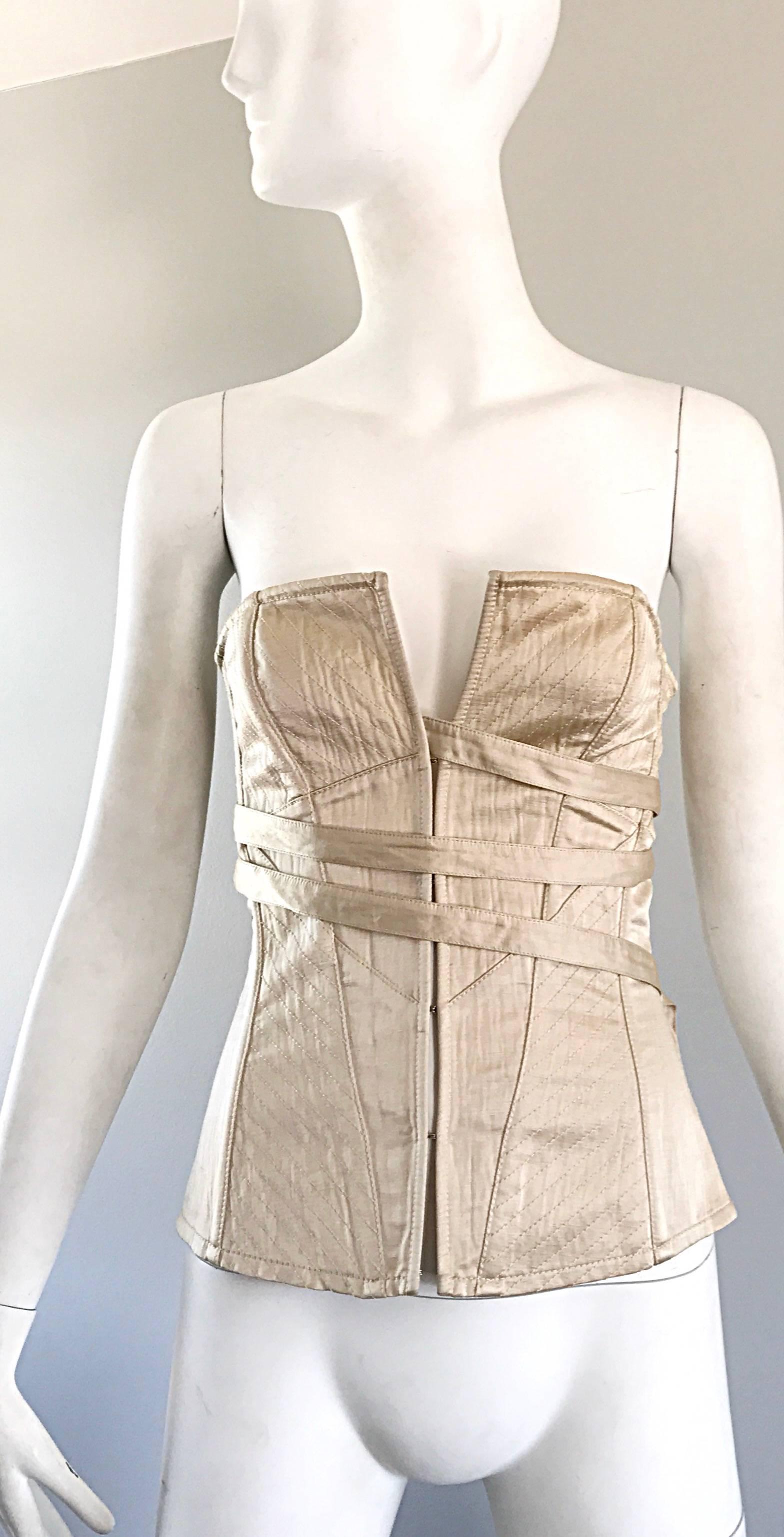 NWT La Perla 1990s Champagne Silk Vintage 90s Quilted Bustier Corset Top 1
