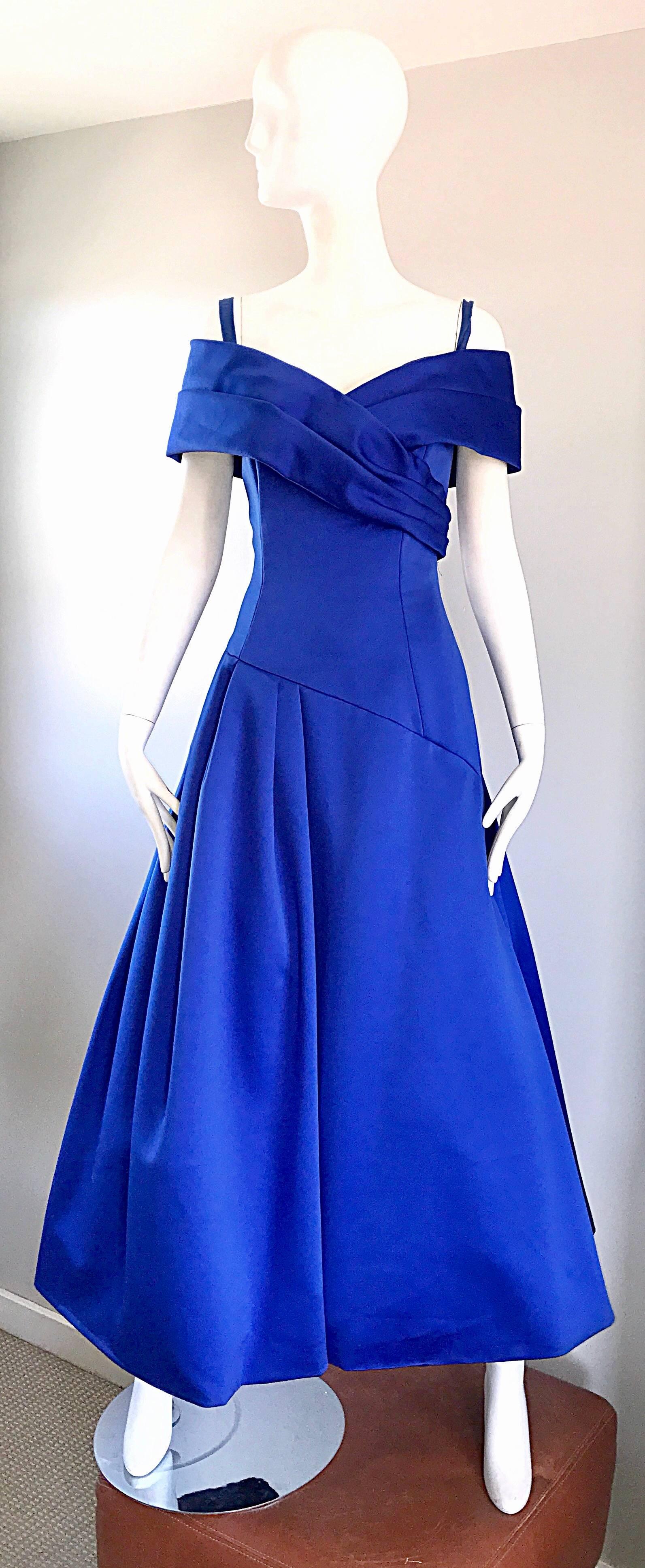 Gorgeous vintage 1980s / 80s VICTOR COSTA for SAKS 5th AVENUE royal blue silk evening dress! Features a cold shoulder / off-the-shoulder bodice, with a beautifully constructed full skirt. Built in crinoline for extra volume. Elastic straps at the