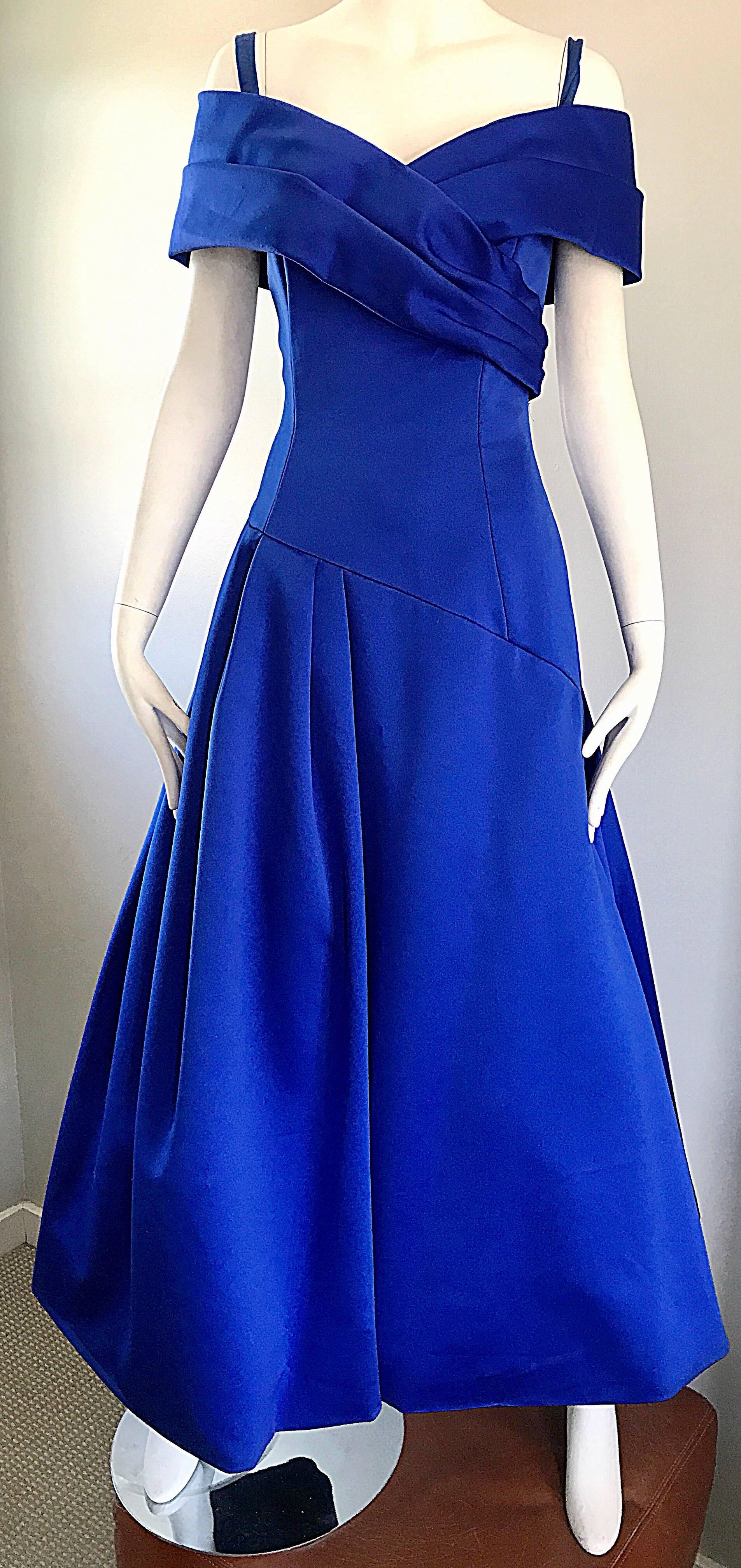 Beautiful Victor Costa SAKS Vintage Royal Blue Silk Off - Shoulder Evening Gown In Excellent Condition In San Diego, CA
