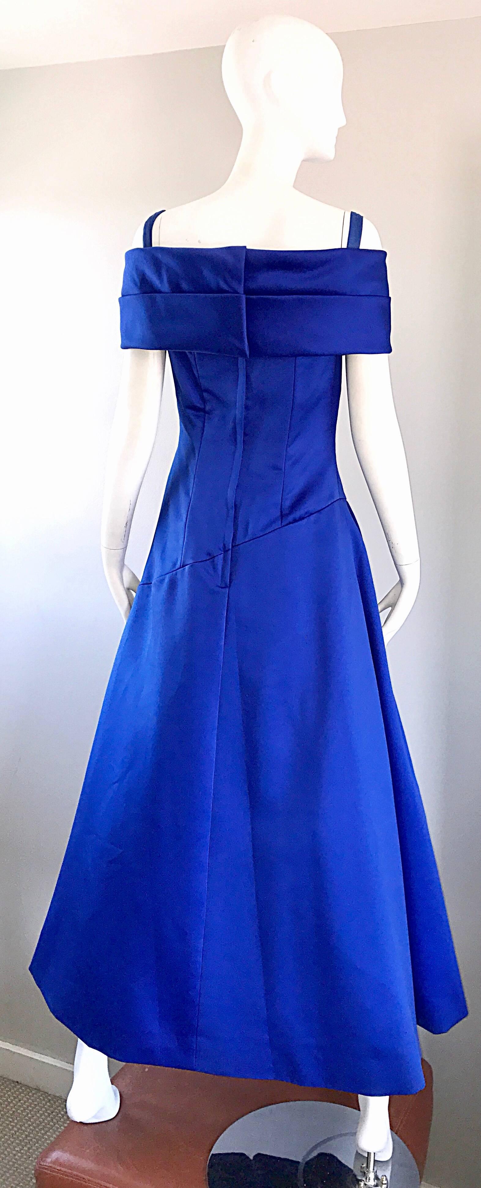 Women's Beautiful Victor Costa SAKS Vintage Royal Blue Silk Off - Shoulder Evening Gown