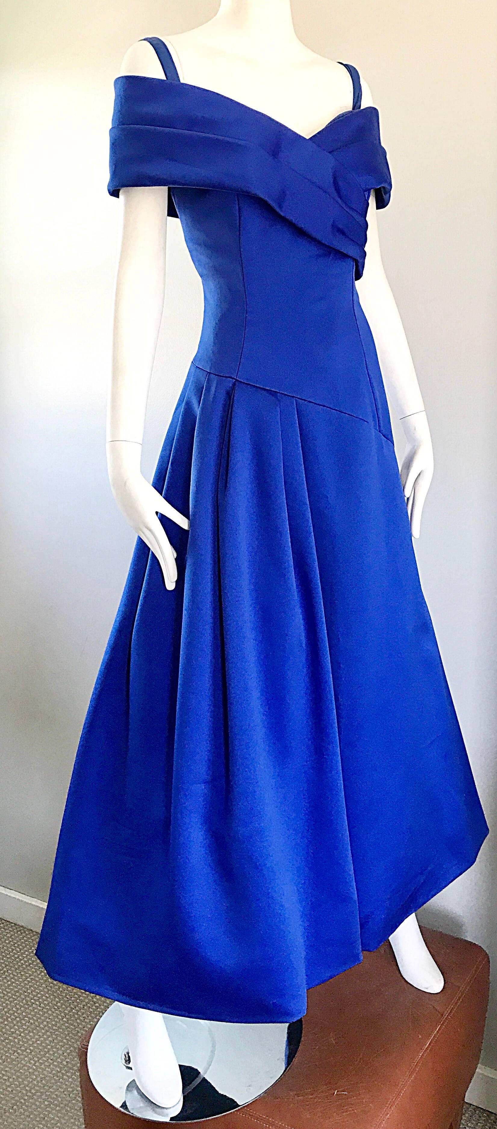 Beautiful Victor Costa SAKS Vintage Royal Blue Silk Off - Shoulder Evening Gown 1