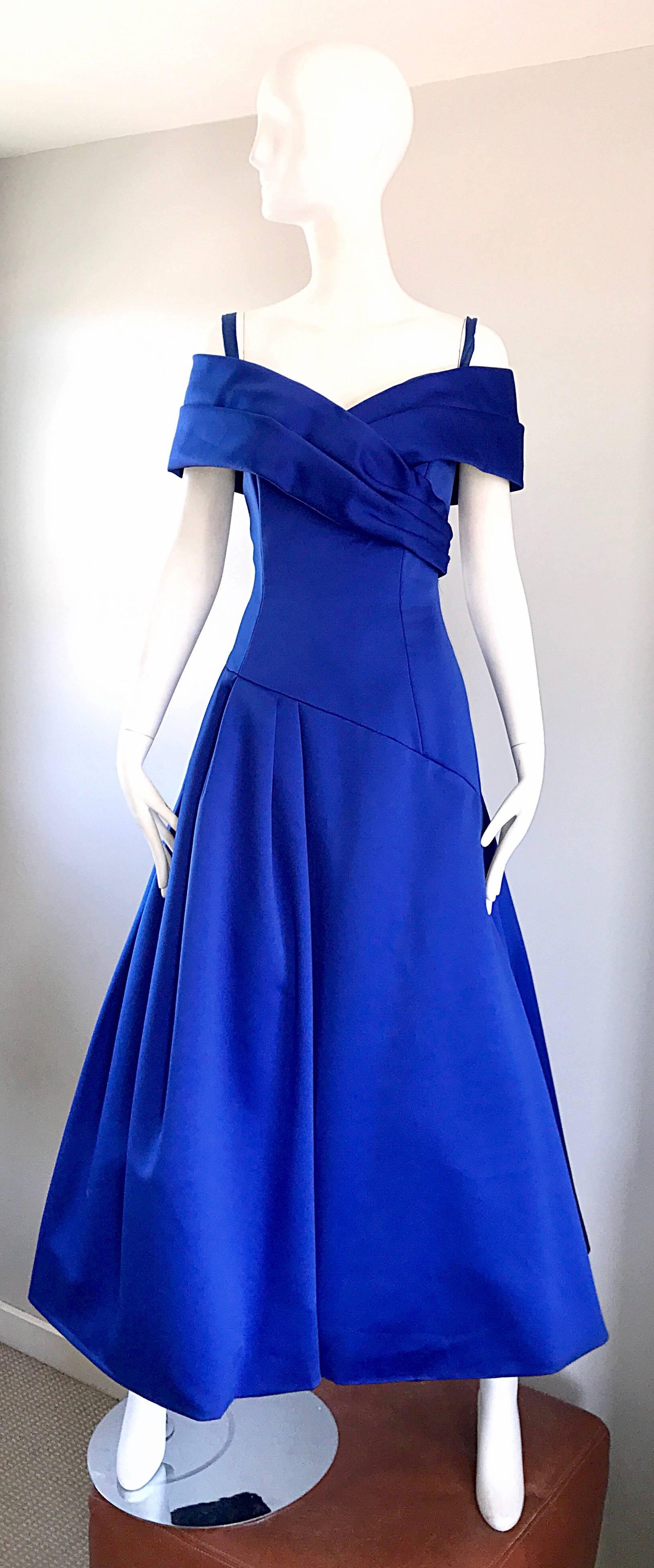 Beautiful Victor Costa SAKS Vintage Royal Blue Silk Off - Shoulder Evening Gown 2