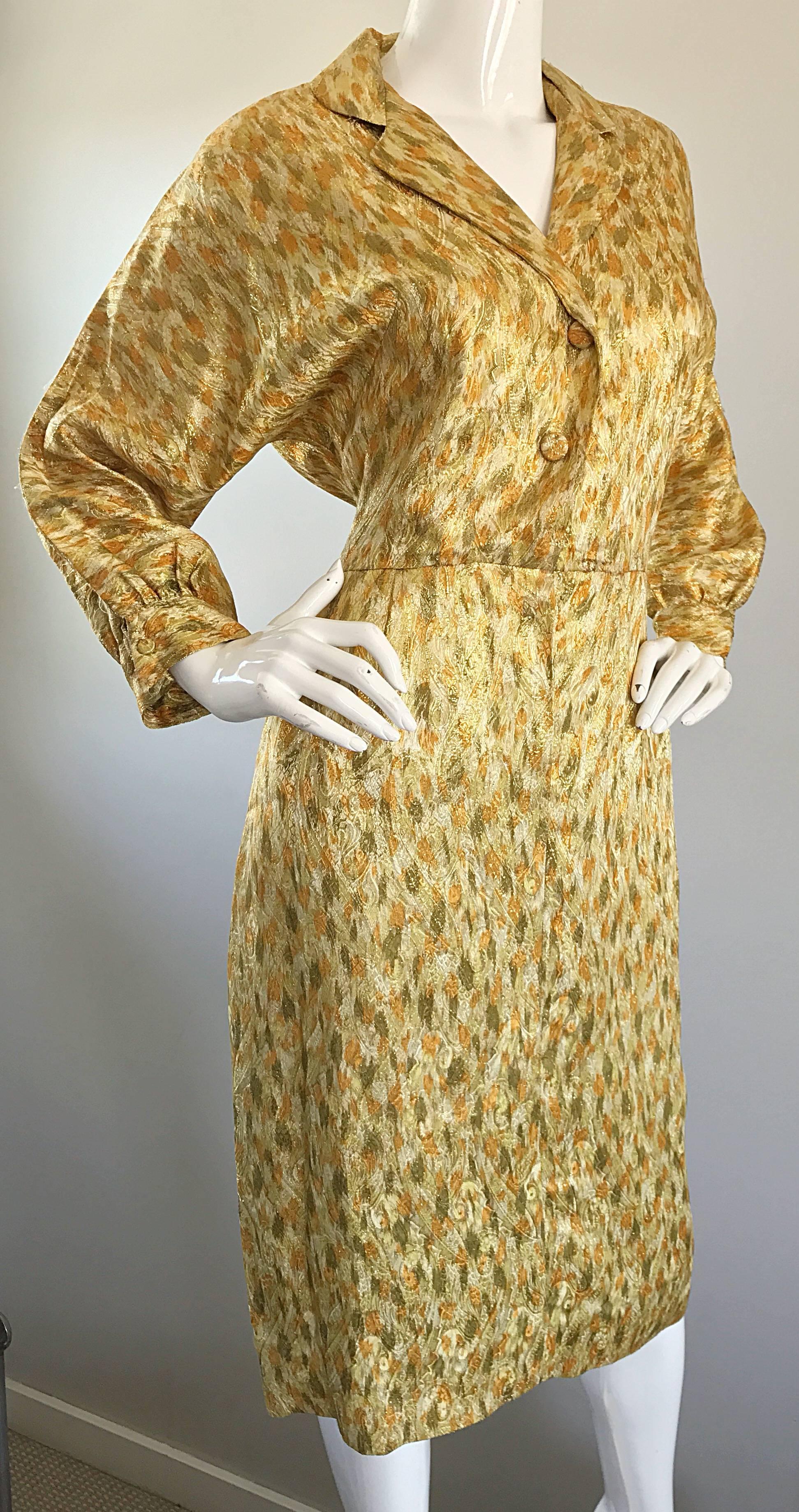 Brown 1950s Norma Morgan Gold + Chartreuse Green + Bronze Silk Vintage 50s Dress  For Sale
