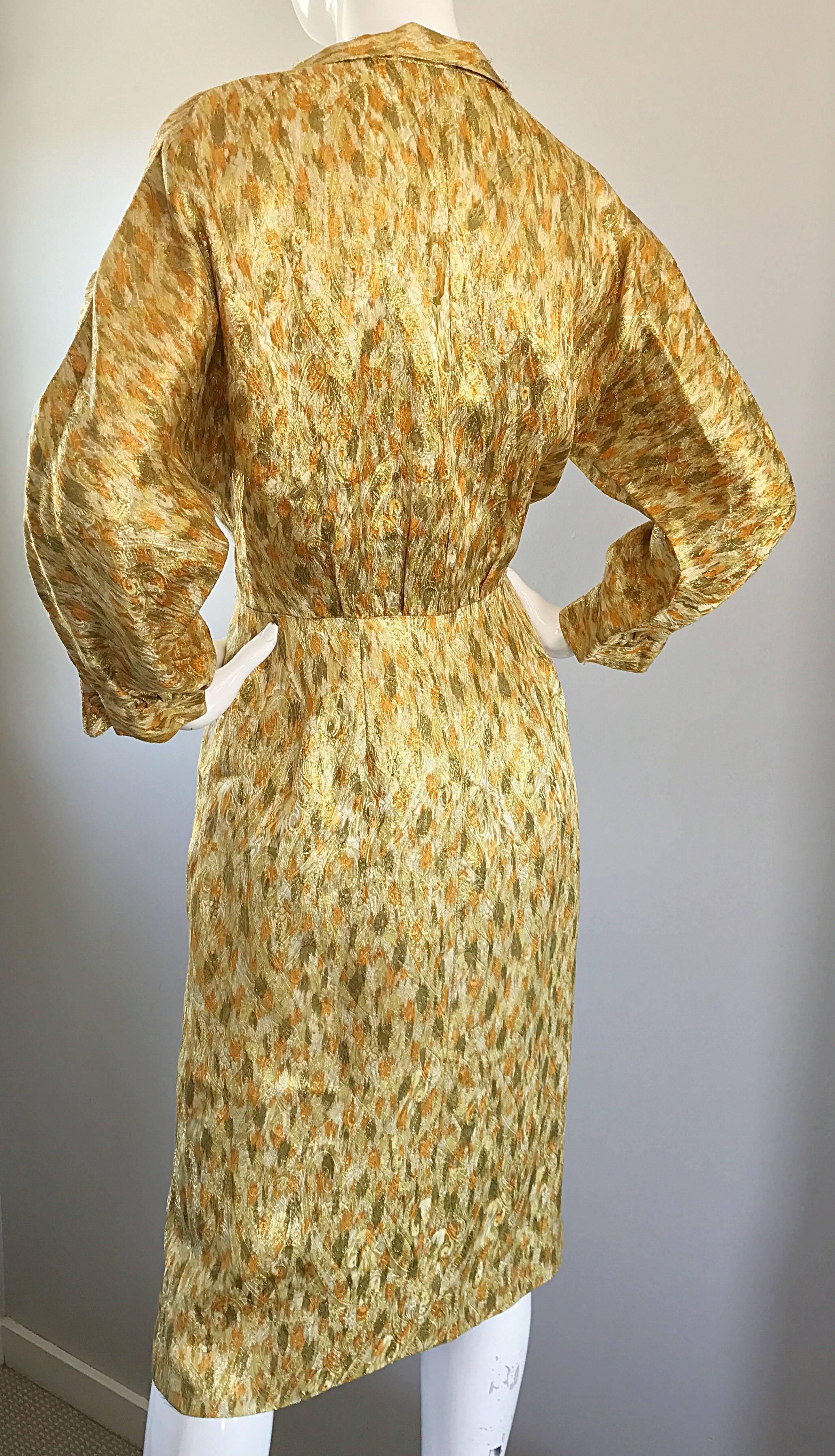 Women's 1950s Norma Morgan Gold + Chartreuse Green + Bronze Silk Vintage 50s Dress  For Sale