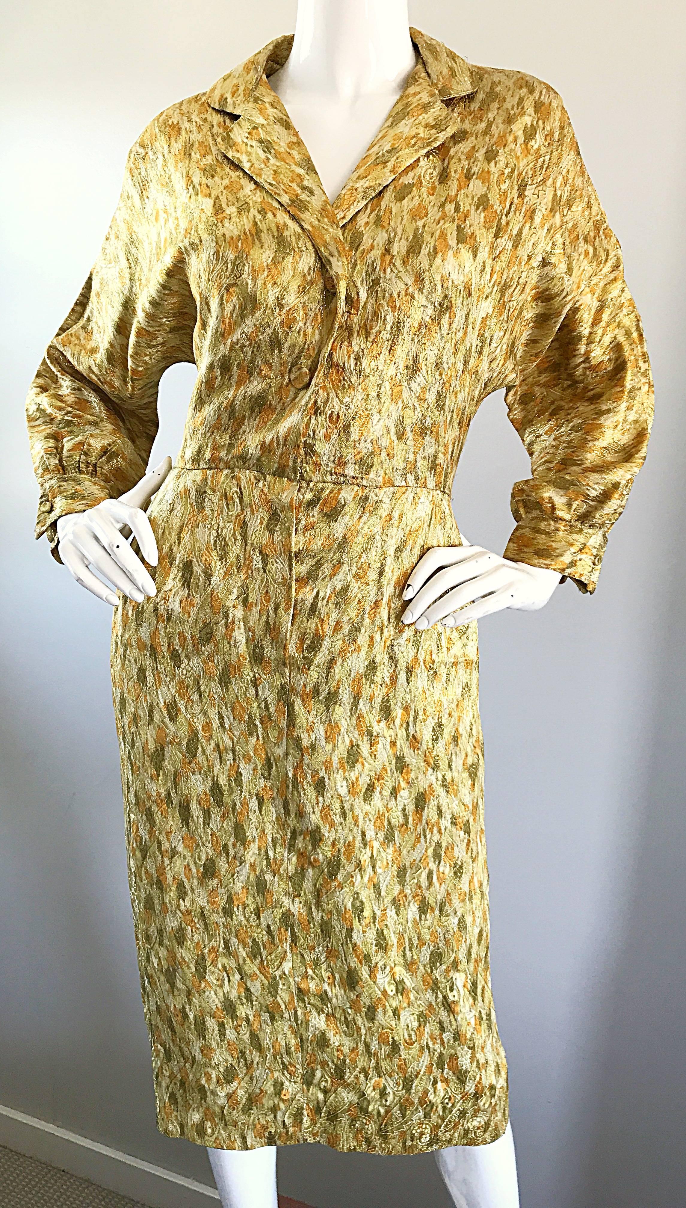 1950s Norma Morgan Gold + Chartreuse Green + Bronze Silk Vintage 50s Dress  In Excellent Condition For Sale In San Diego, CA