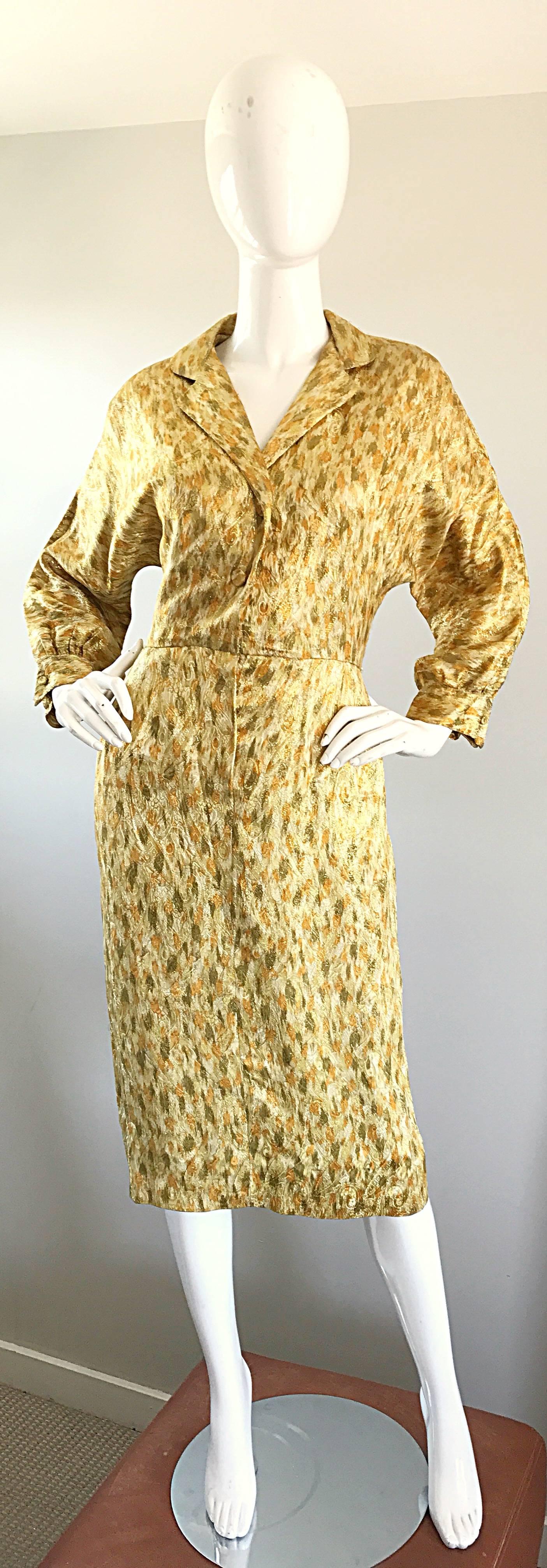 1950s Norma Morgan Gold + Chartreuse Green + Bronze Silk Vintage 50s Dress  For Sale 1