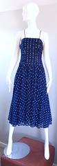 Chic Vintage Navy Blue and White Hand Painted Polka Dot Sleeveless Ruched Dress