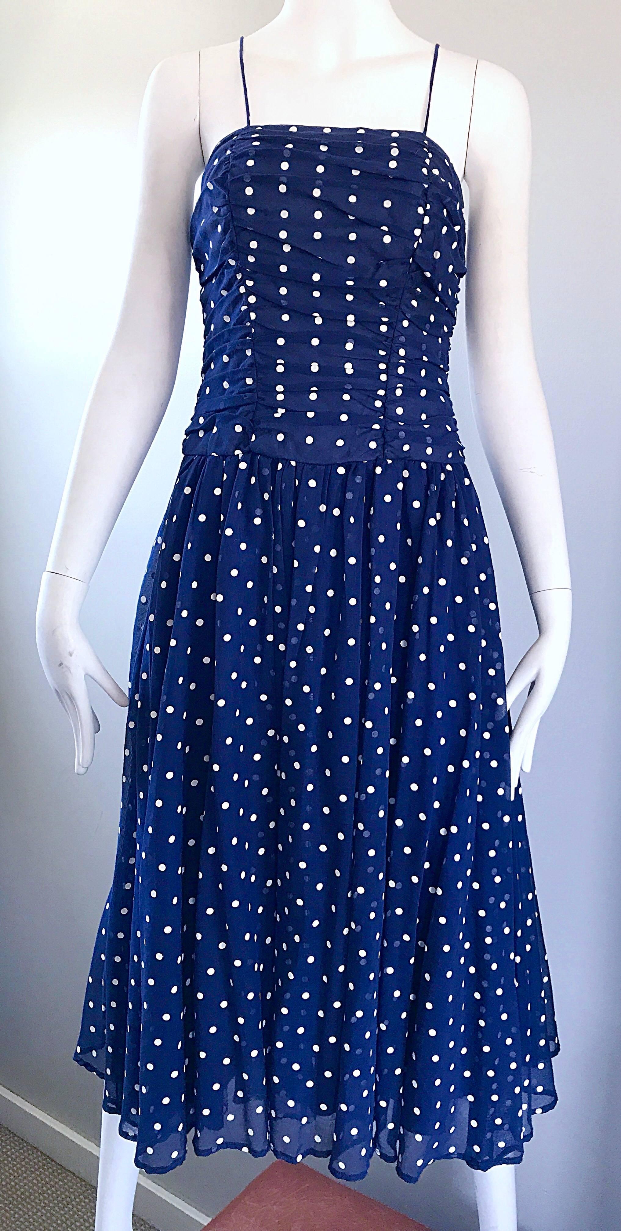 Purple Chic Vintage Navy Blue and White Hand Painted Polka Dot Sleeveless Ruched Dress For Sale