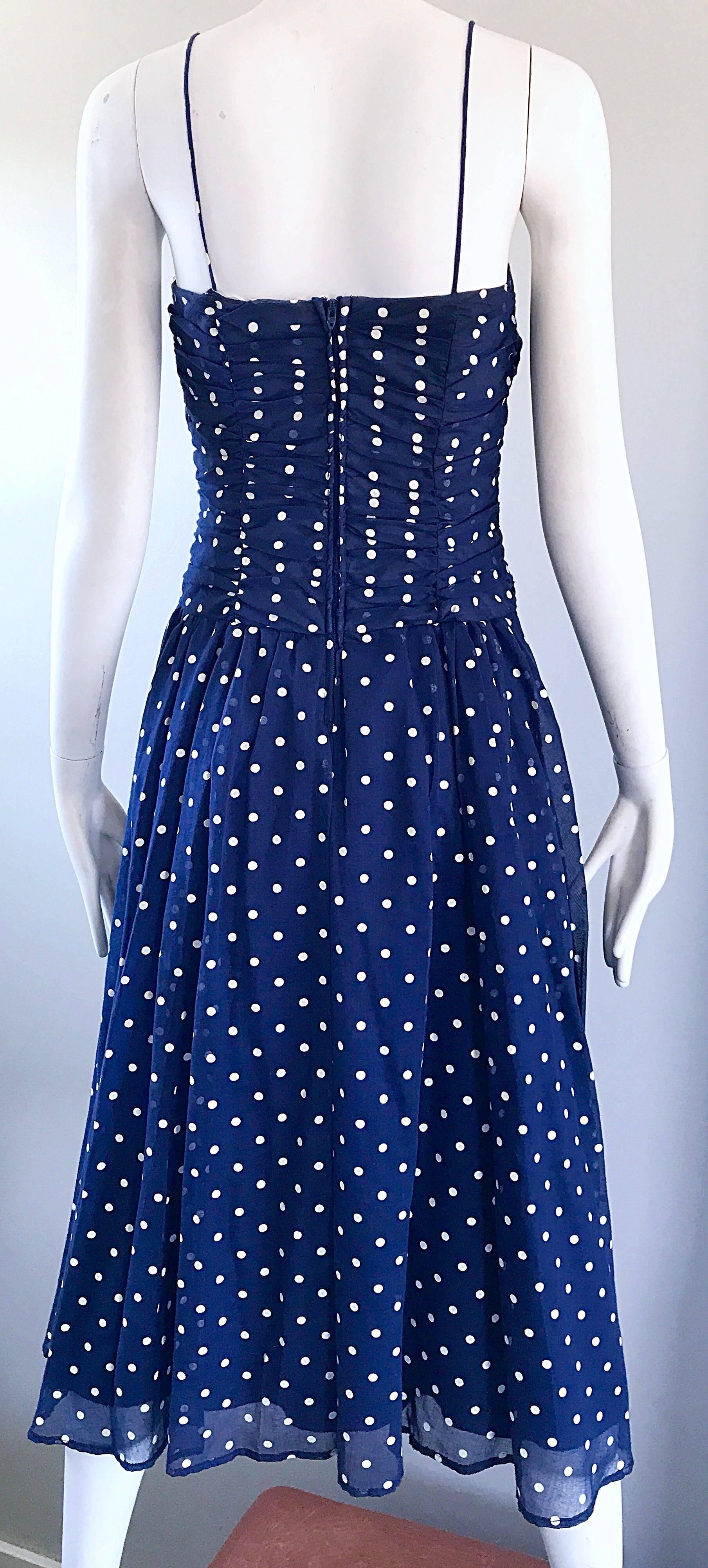 Chic Vintage Navy Blue and White Hand Painted Polka Dot Sleeveless Ruched Dress For Sale 1