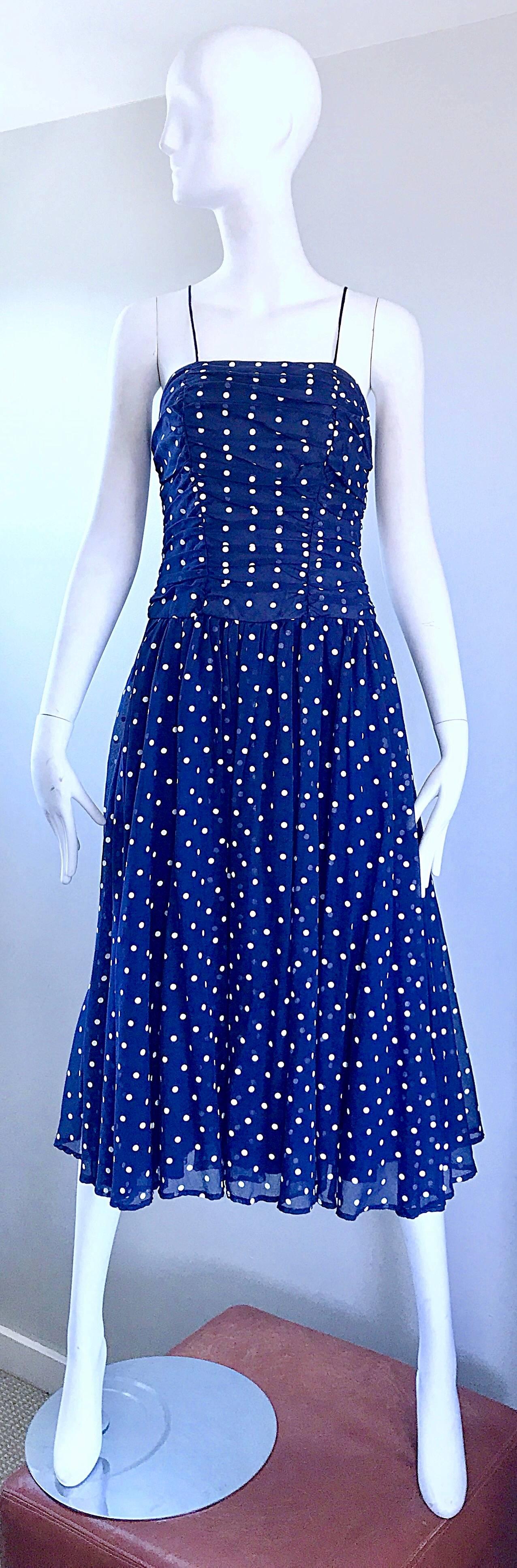 Chic Vintage Navy Blue and White Hand Painted Polka Dot Sleeveless Ruched Dress For Sale 2
